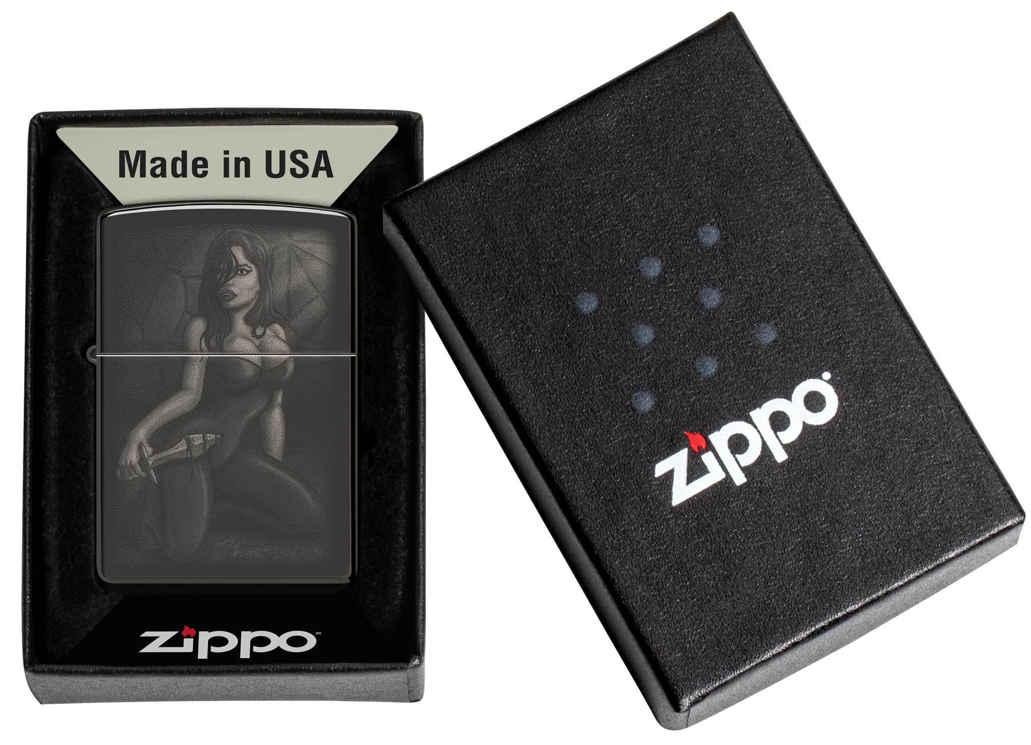 Zippo - Briquet Tempête Motif Femme Sexy avec Une Épée/Contre-Culture, Noir Poli, Photo Image, Rechargeable, Réutilisable, Coupe-Vent, Coffret Cadeau, Fabriqué Aux États-Unis