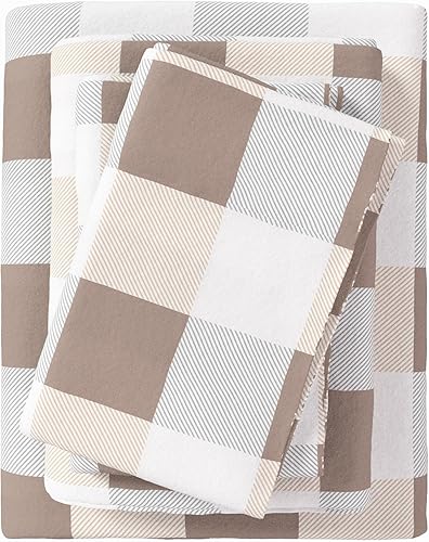 Great Bay Home - Juego de sábanas de franela de 100 % algodón turco a cuadros tamaño individual, con bolsillo profundo, suaves, cálidas, de doble