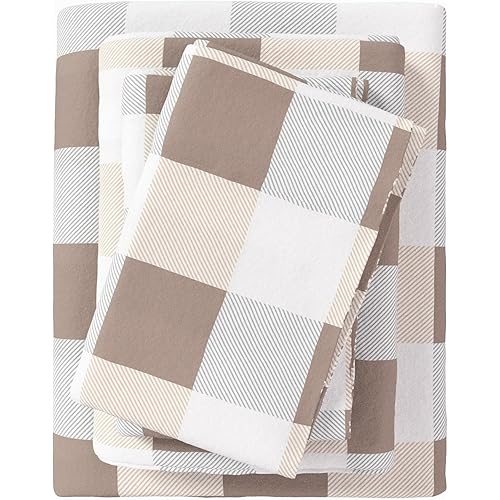 Flannel Sheet Set California King Size - 100% Turkish Cotton, Double-Brushed, Printed Bed Sheets - Ultra-Soft, Cozy, 4-Piece Bedding Set (Buffalo Check - Soft Taupe/Pale Grey)