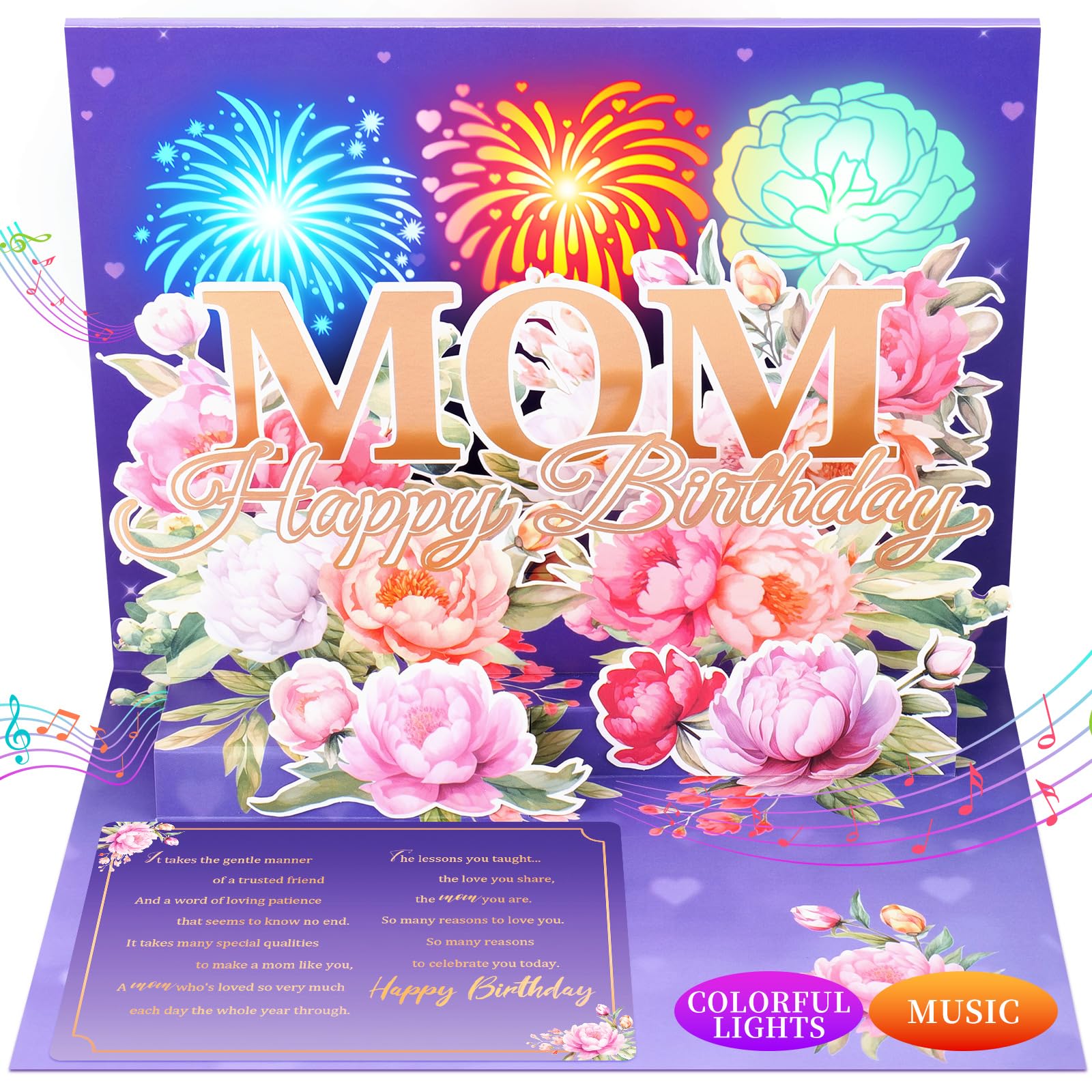 Mum Birthday Card Greeting Cards Pop Up Mum Card for Mother Gift Celebration Happy Birthday Cards with Fireworks Flower Bunch Thoughtful Gift for Lovely Mom Stepmom Godmother
