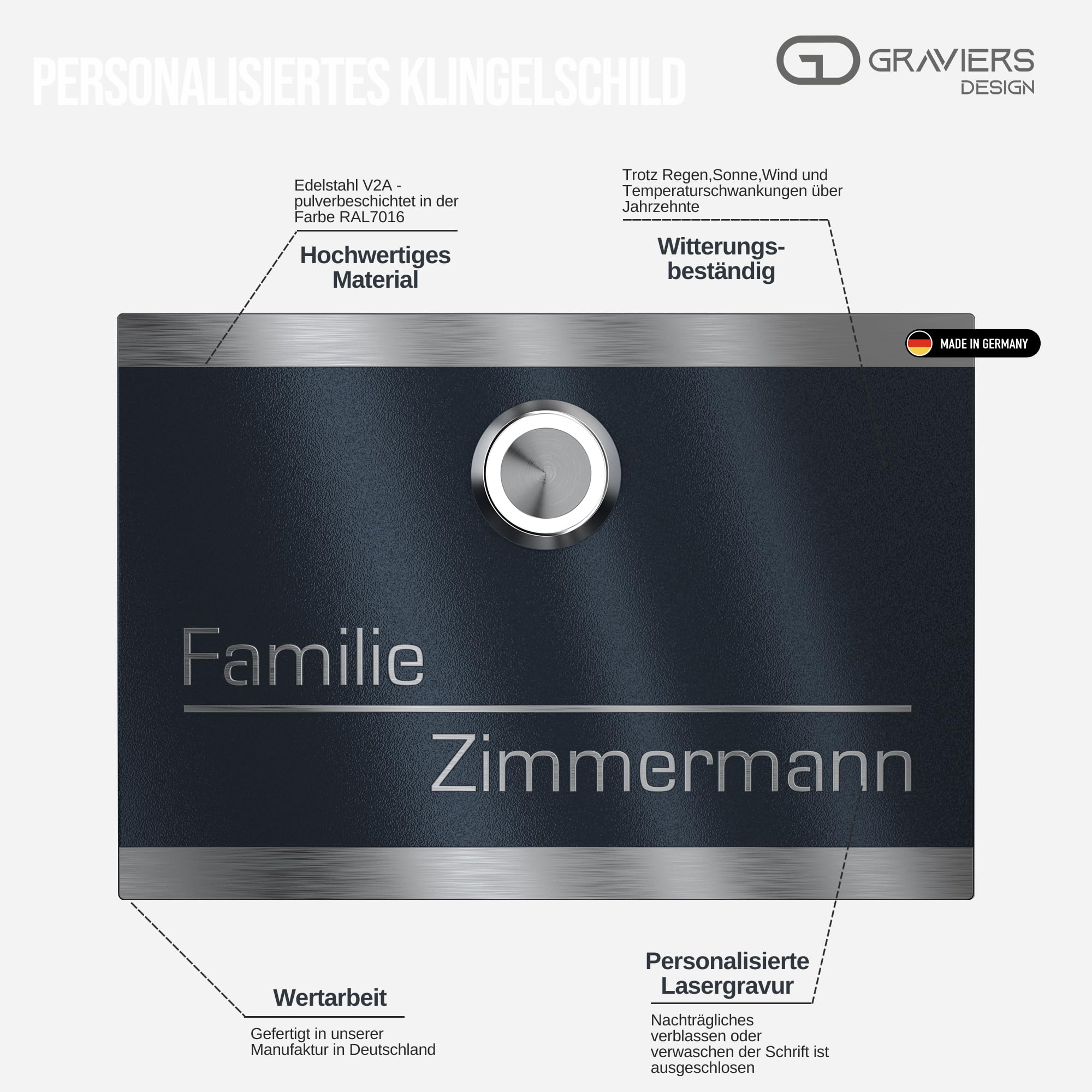 Klingelschild aus V2A Edelstahl mit Gravur von Graviers Design – Pulverbeschichtet in RAL 7016 – LED Klingeltaster – Türklingel – Made in Germany