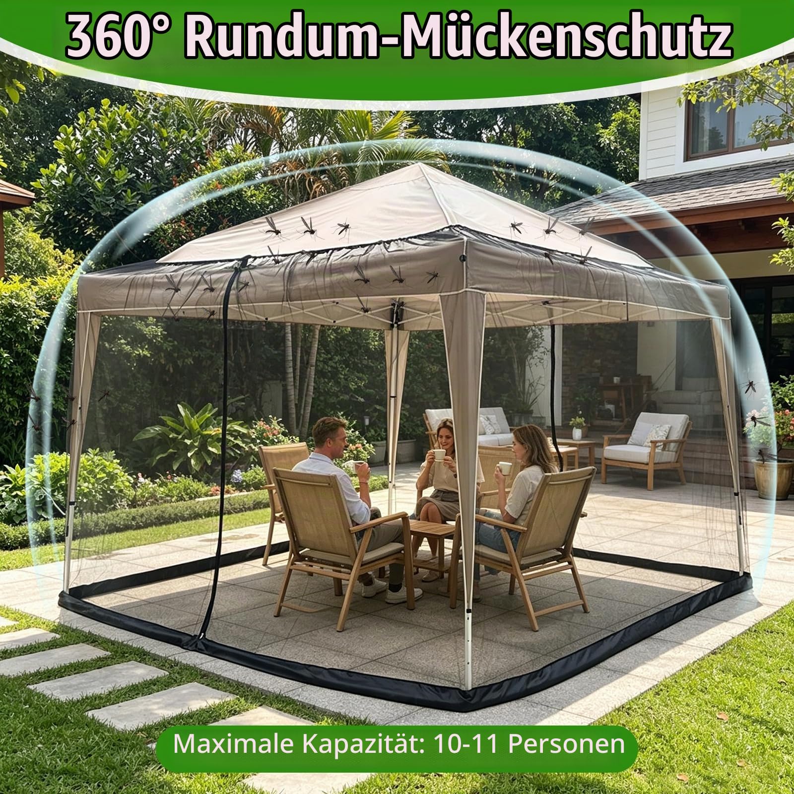 Moskitonetz für Pavillon 3x3 m, Insektenschutz Gazebo mit 2 Reißverschlusstüren & wasserbefüllbarem Standfuß, Fliegengitter Verstellbar für Garten, Terrasse & Camping