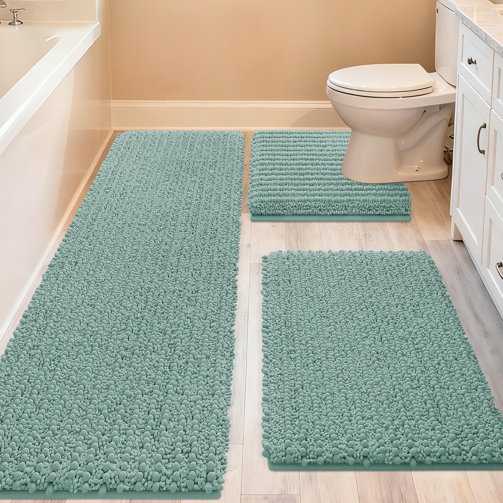 ACCUMTEK Upgrade Extra Eggshell Blue Bathroom Rug Set 3 Pieces Ultra Soft, Thick Absorbent Bath Mats, Non Slip Chenille Toilet Mat for Bathroom,