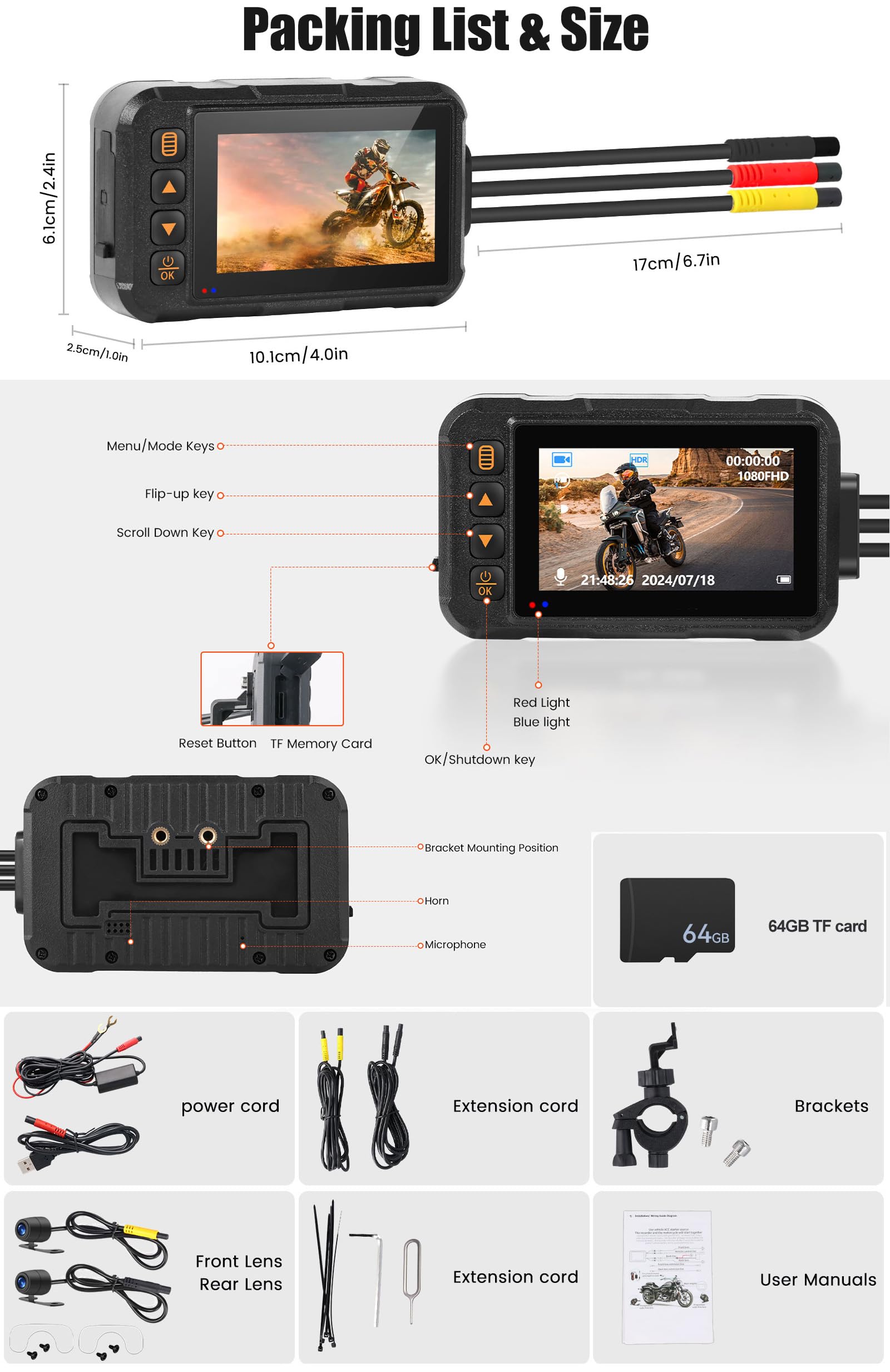 CAMECHO Moto Dash Cam 3 Pollici Schermo con 64GB TF Scheda, IP67 Impermeabile Doppia Telecamere Grandangolare 120 Gradi 90 Gradi Fotocamera per Moto con HDR, G-Sensor, Registrazione in Loop