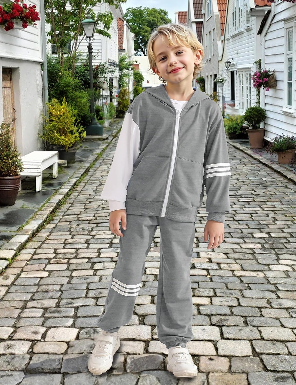 Boy's Pants Set - 2 Piece Fall Outfits ColorBlock Long Sleeve Zipper Hooded and Pants Casual Clothes 6-16 Years