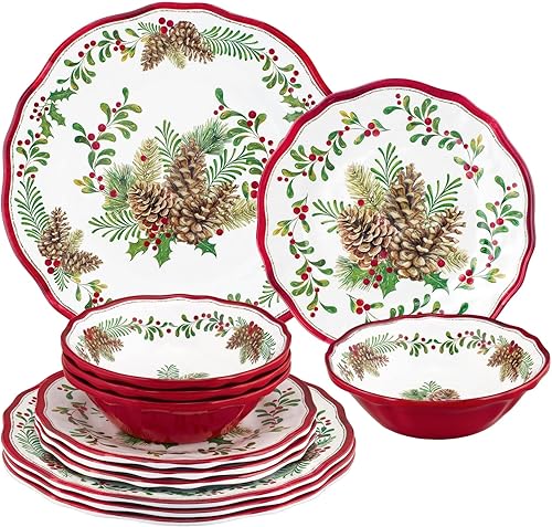 Miniatura 1 de UP ware - Juego de vajilla de melamina de 12 piezas, incluye platos llanos, platos de ensalada, cuencos, servicio para 4 (piñas)