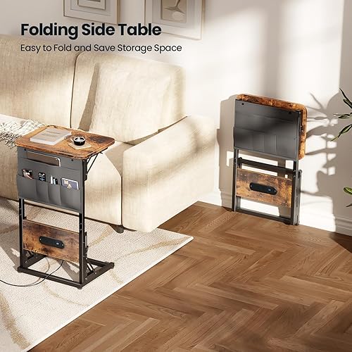 Miniatura 7 de HLDIRECT C Shaped End Table with Charging Station, Couch Side Table with Storage Bag, Foldable TV Tray with 2 USB Ports and Outlets for Living Room,