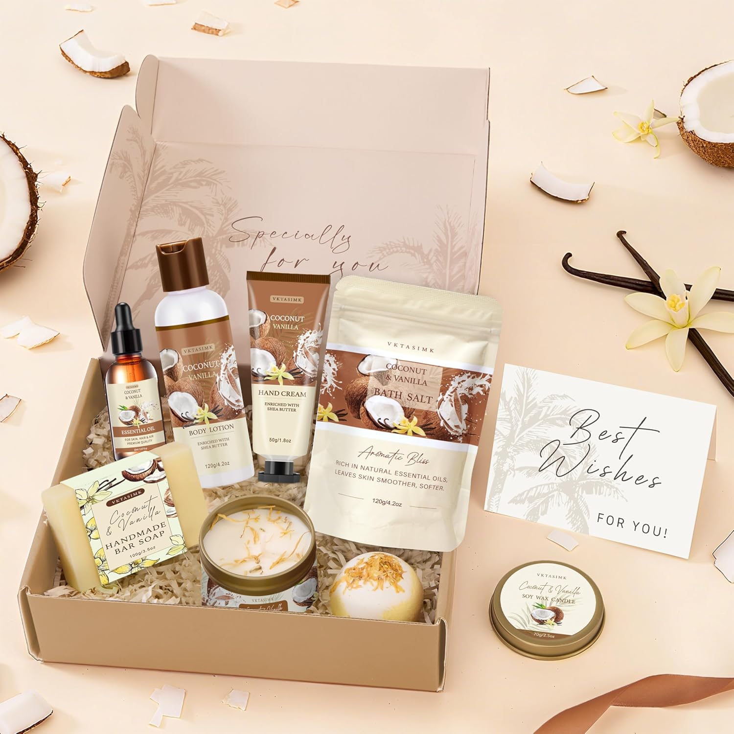 Gifts for Women Happy Birthday Gift Baskets, Bath and Body Gift Set Mothers Day Gifts, Vanilla Coconut Relaxing Home Spa Set Self Care Gift for Mom Sister Her Wife Grandma Girlfriend Friends - Image 3