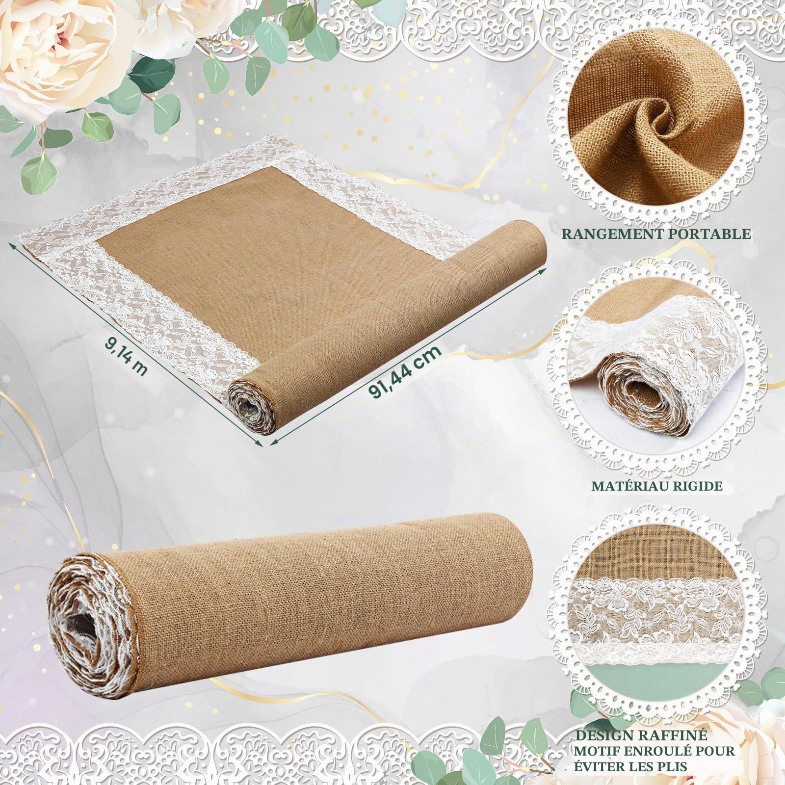 Preboun Chemin de couloir en toile de jute naturelle Large allée avec dentelle Décoration rustique pour extérieur, plage, jardin, église 0,9 x 9,1 m