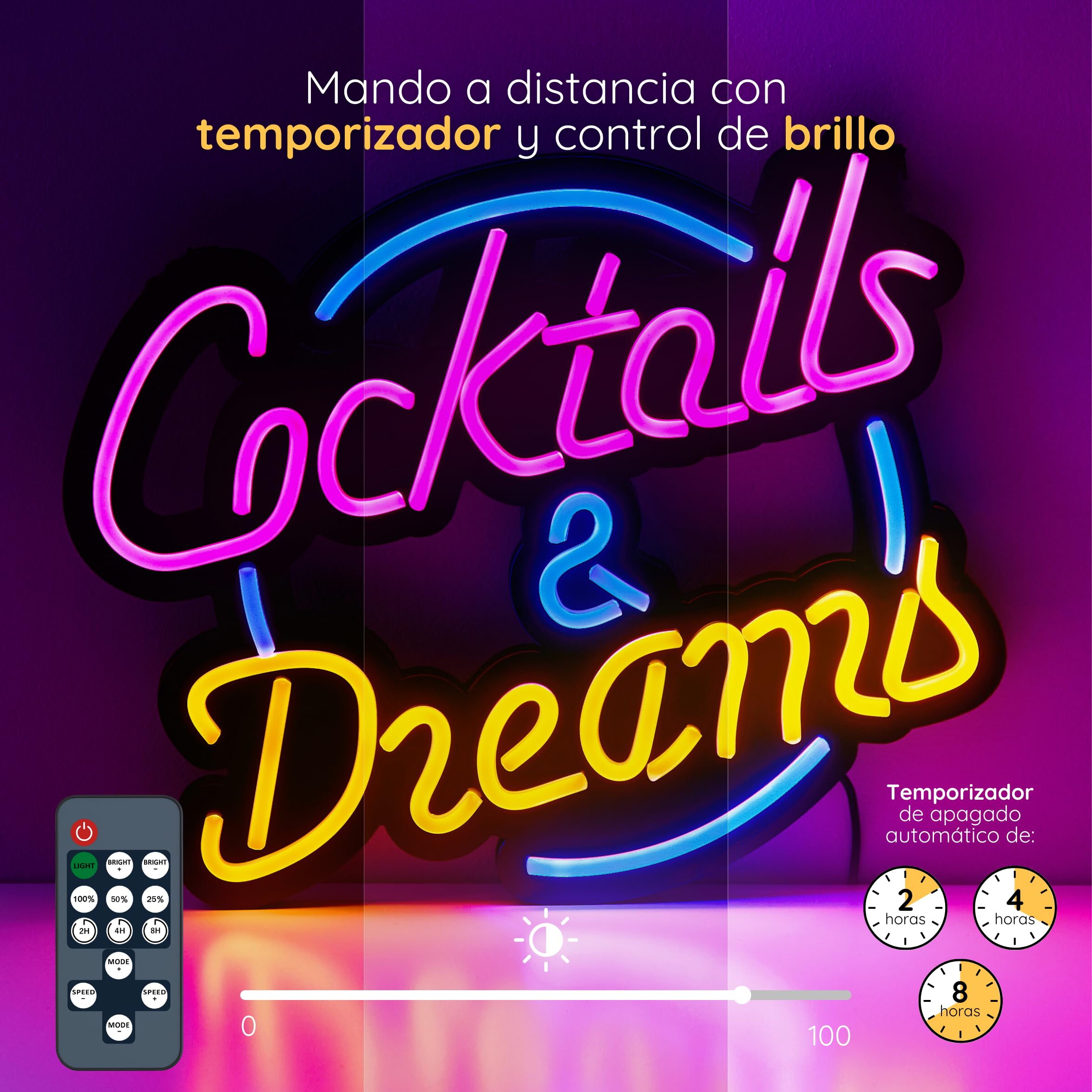 Cocktails and Dreams - Luces Neón LED Bar o Pub Decorar Pared y Barra, Letrero Luminoso LED Decoración Cervecería Mojito, Cartel Luz LED Bar Restaurante. Incluye mando a distancia y Adaptador