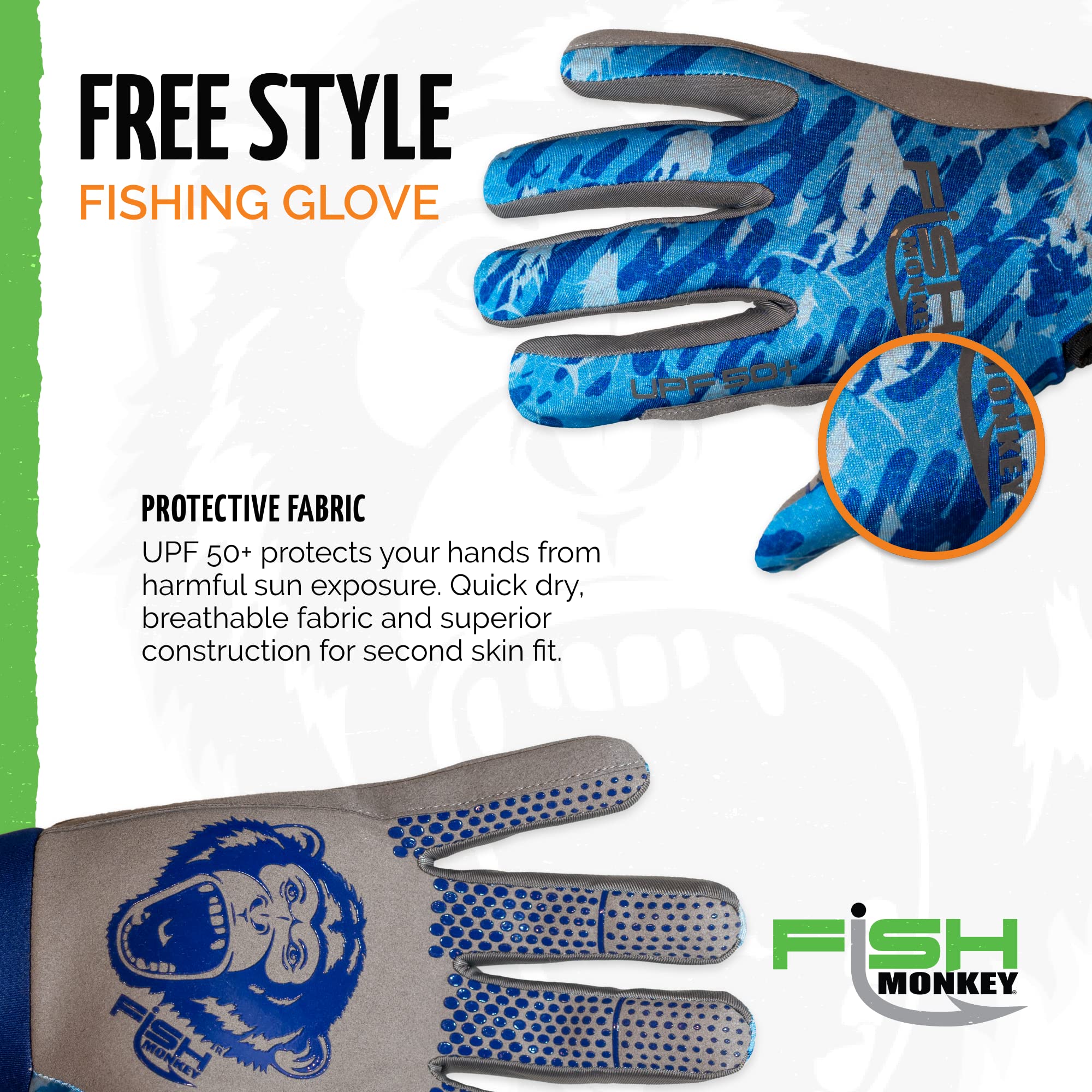Fish Monkey UPF 50+ No Fray When Cut Fingers. Superior Non Slip Grip, Special Wiring Pads on The Thumb/Index Fingers and Side of The Gloves for Men and Women