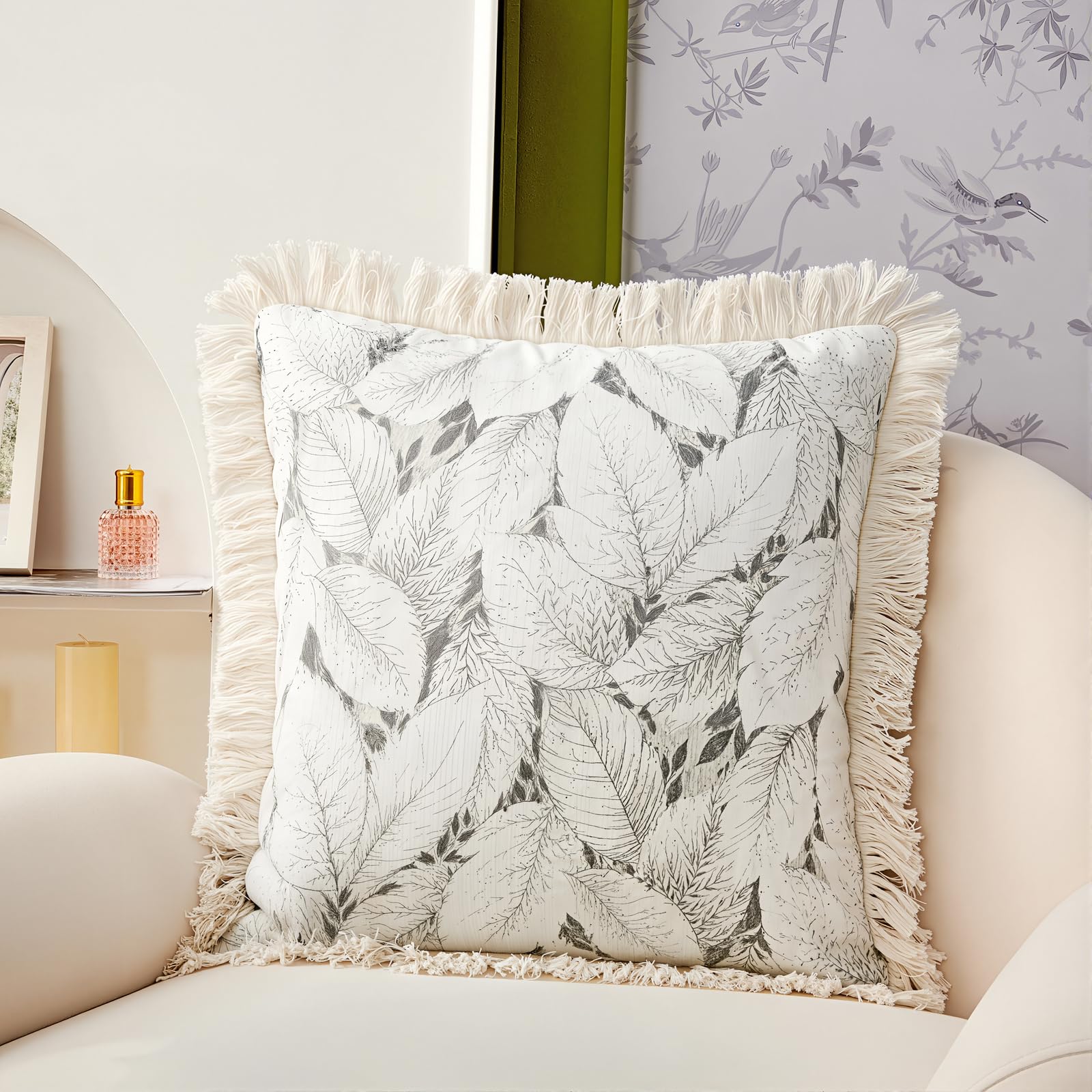 Remedare Linen Pillow Cover 18x18 Inch - Bohemian Leaf Fringe Decorative Throw Pillow Case Soft Cushion Cover for Sofa, Bed, Couch Living Room Home Decor （Slate Gray）