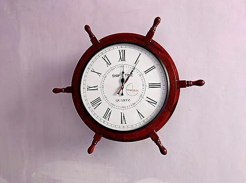 Miniatura 5 de DnU Avenue Reloj de pared de madera hecho a mano con rueda de barco para decoración del hogar y la oficina hecho a mano con madera natural