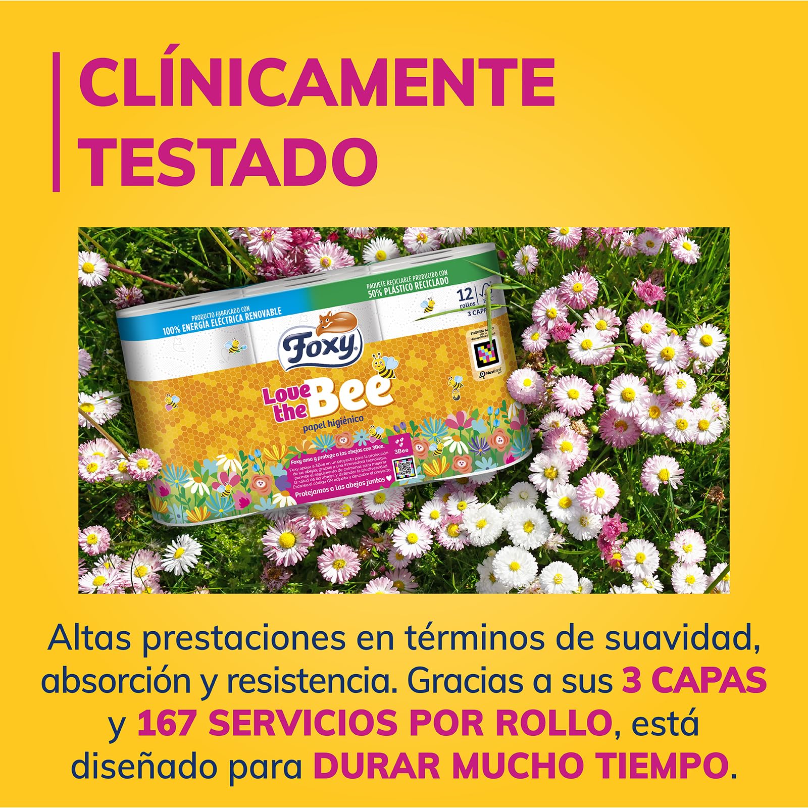 Foxy Love the Bee | 3 capas |Papel higiénico 48 rollos | 167 servicios por cada rollo | Certificación FSC | 100% Energía eléctrica renovable | Paquete reciclable producido con plástico reciclado