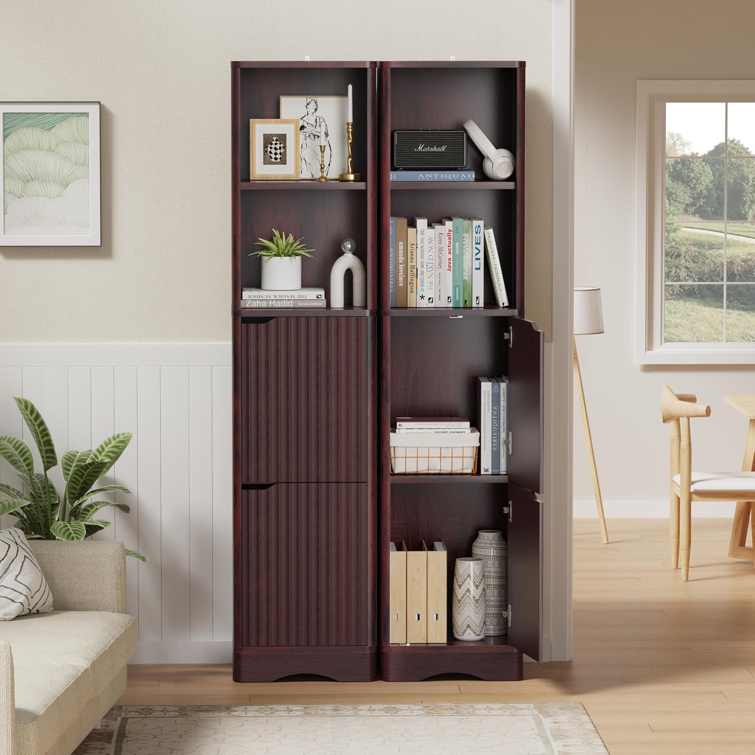 67" Tall Bathroom Organizer and Storage, Narrow Storage Cabinet with 2 Doors and 4 Shelves, Freestanding Floor Storage Unit,15.7" W x 11.8" D x 66.9" H, Walnut