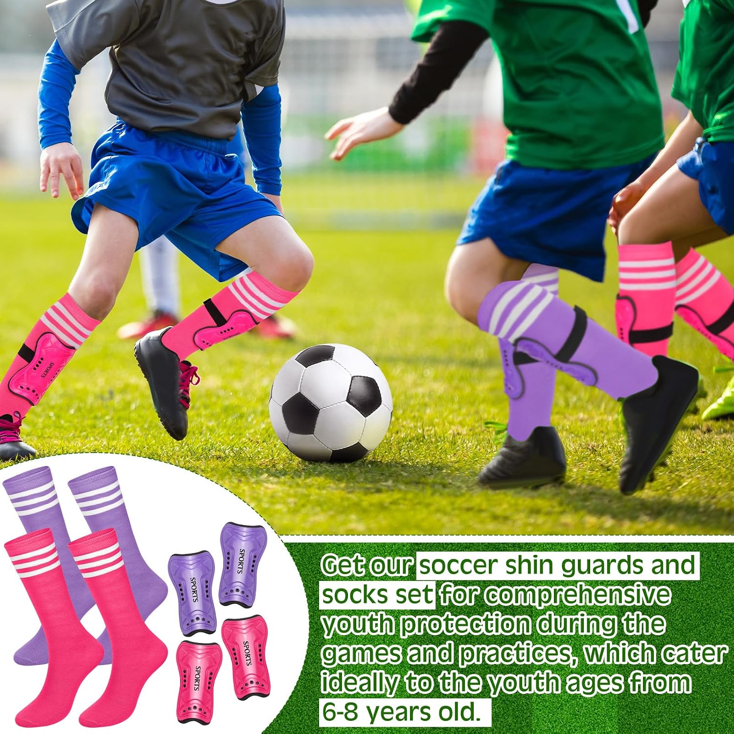 Chuarry 2 Set Soccer Shin Guards for Girls with Socks Toddler Shin Pads Football Kids Sport Protection Lightweight Gear Leg Protection for 3-15 Girls Boys Children Teens