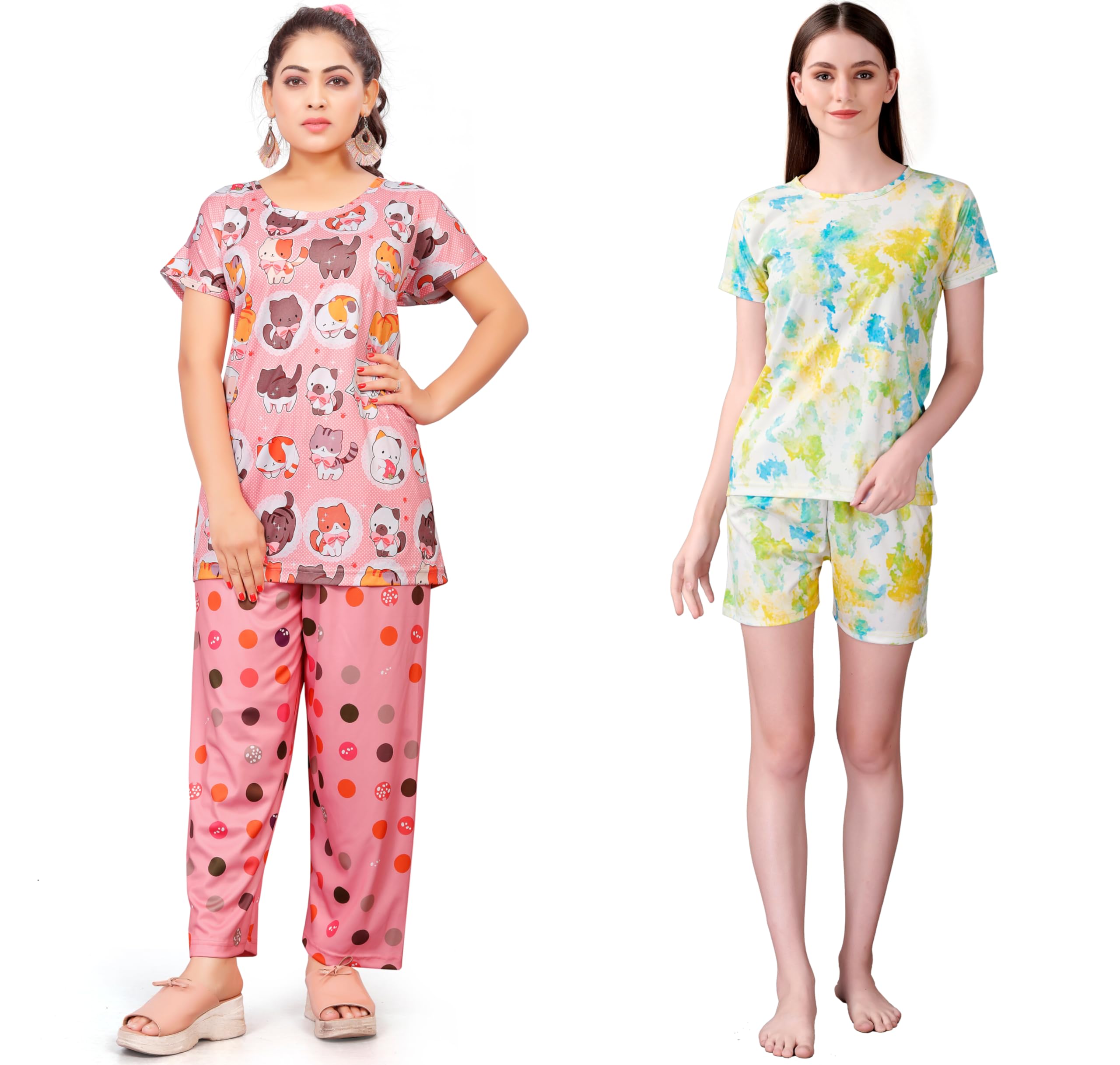 Vivaro Polyester Printed Solid Regular Top Short Sleeves Round Neck Everyday Latest Night Dress Combo for Womens Multicolor | T-Set 01 & FNC 04