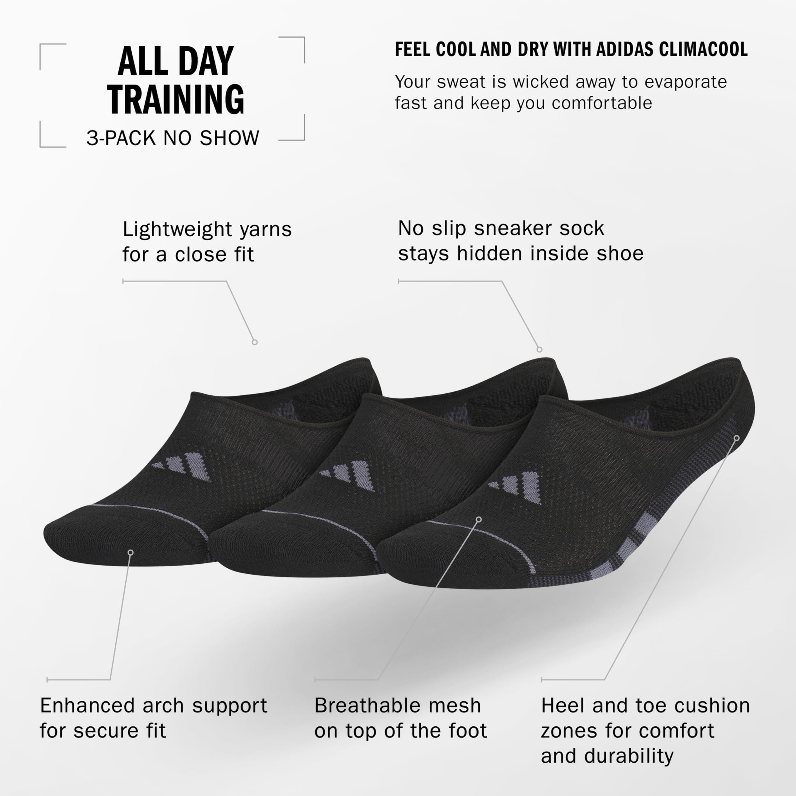 adidas All Day Training Super No Show Socks Sport Performance Liner Height with Targeted Cushioning for Running (3-Pair) Calzino, Nero/Onix Grigio/Grigio Notte, L (Pacco da 3) Uomo