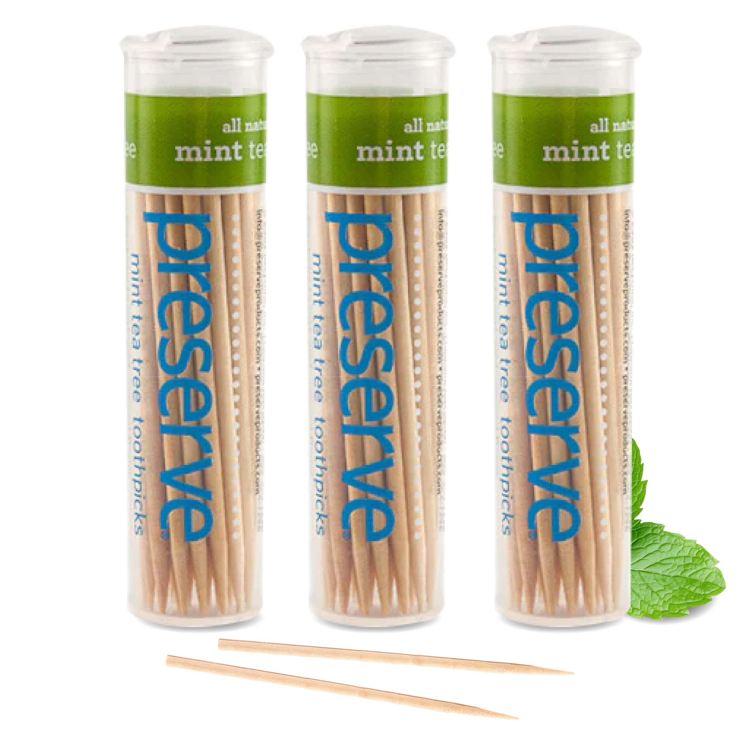 Preserve Toothpicks Refreshing Natural Mint Tea Tree Flavored Toothpicks for Fresh Breath Teeth & Gums - Sustainably Harvested Birch Wood - 3 Travel Cases (105 Picks)
