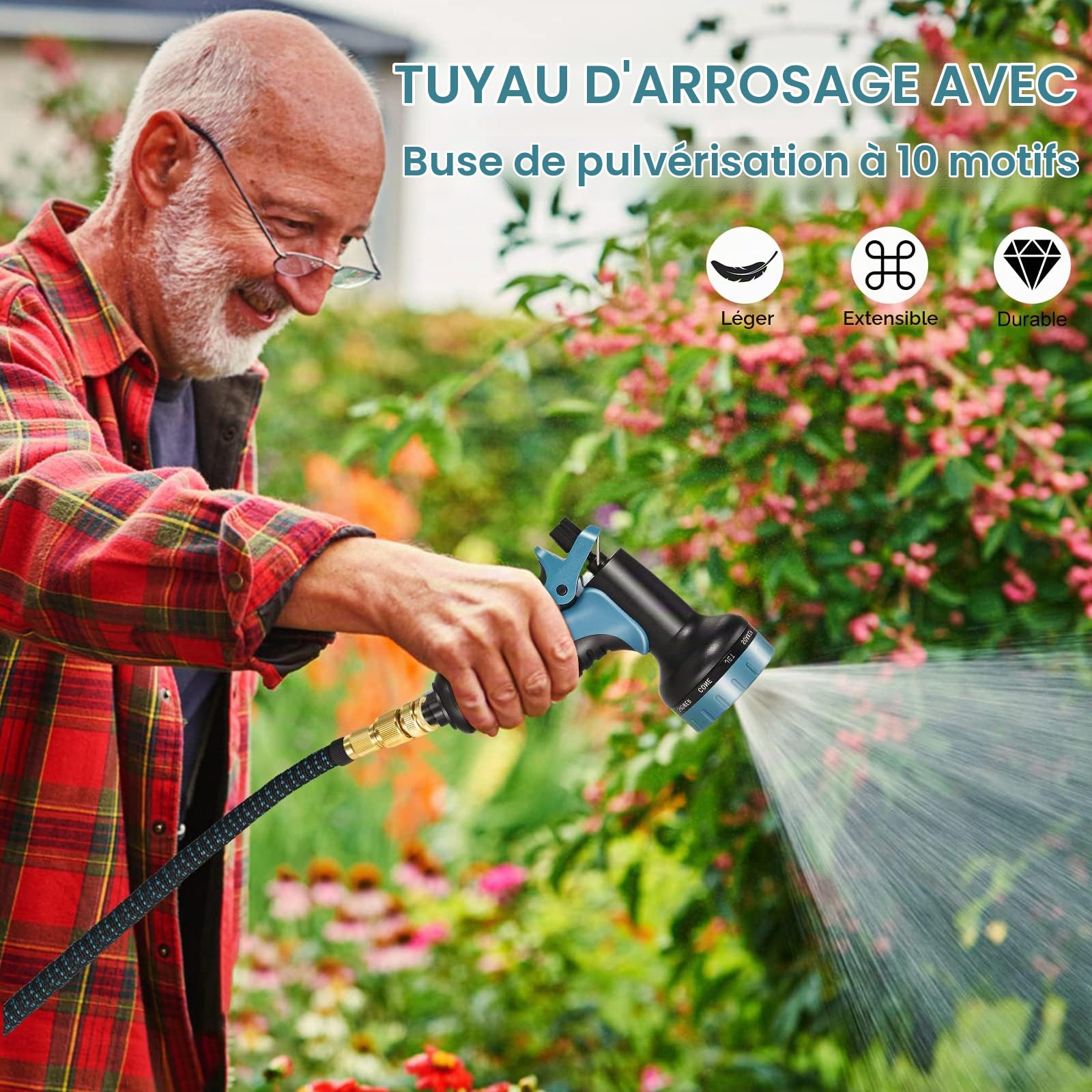Towwoo Tuyau d'arrosage Extensible Flexible de 45m/150FT, 2500D avec Pistolet Pulvérisateur 10 Fonctions et TPE Joint en Cuivre et Aluminium pour Pulvériser la Pelouse Nettoyer Les Voitures