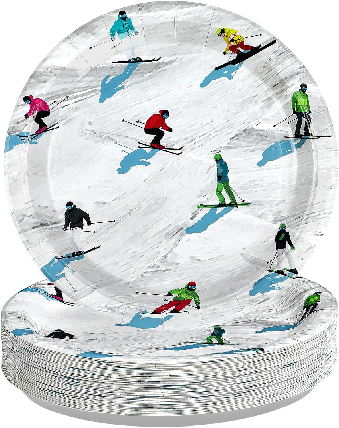 50Pcs Winter Ski Party Paper Plates 10” Skiing Disposable Paper Plates for Skiers Winter Ski Christmas Party Decorations