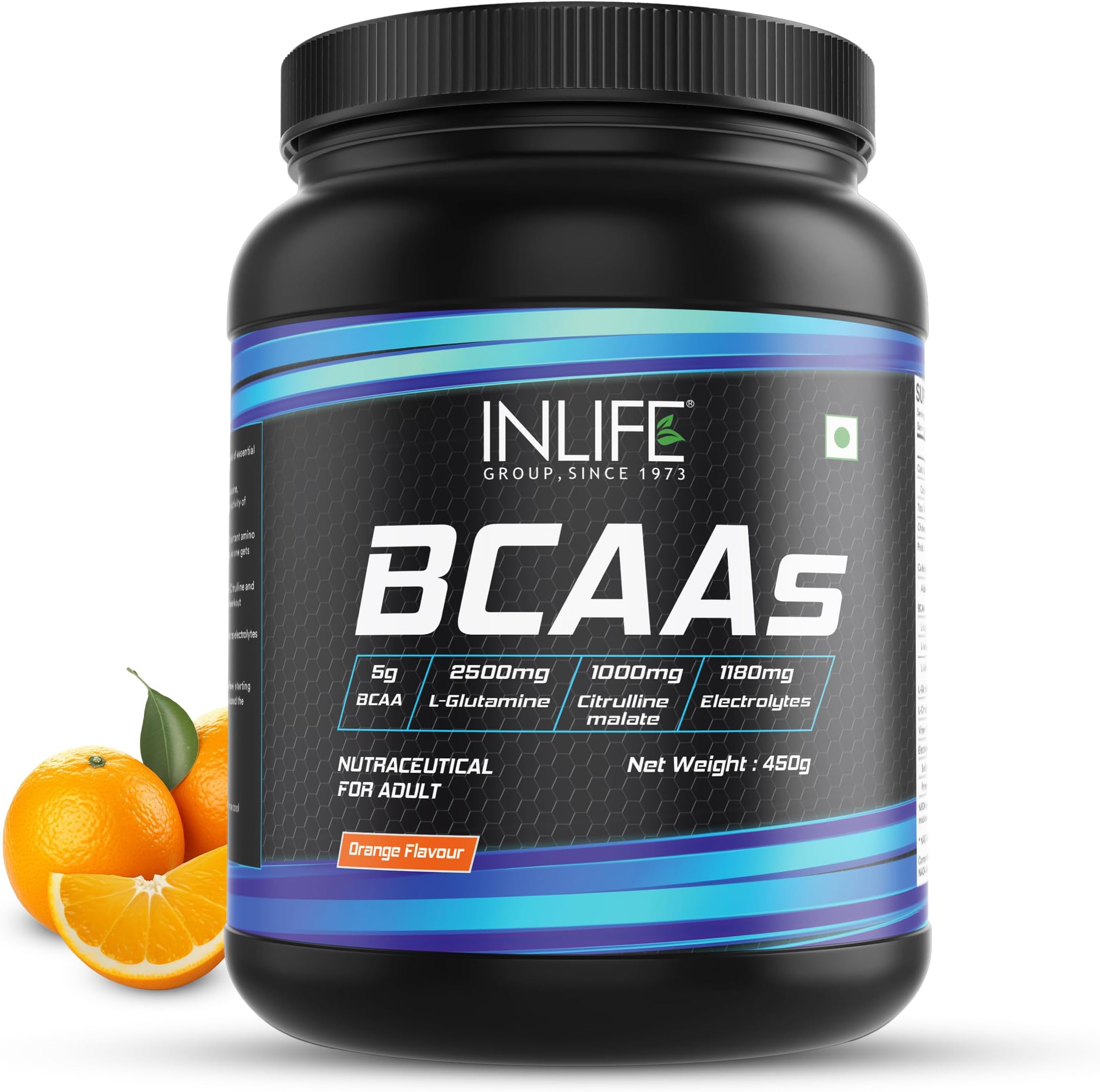 INLIFE BCAA Supplement 7g Amino Acids Instantized for Pre Post & Intra Energy Drink for Workout, 2.5g L-Glutamine,1g Citrulline Malate, 1180mg Electrolytes Powder (Orange, 450g)