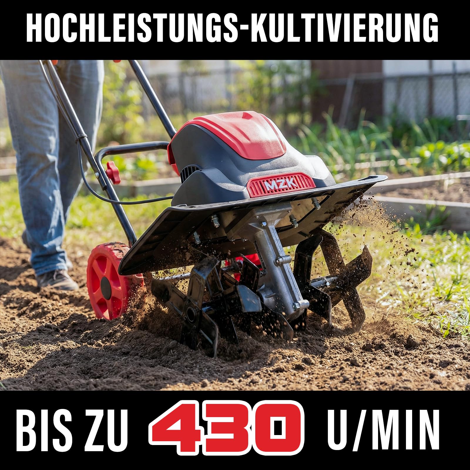 MZK 41cm Arbeitsbreite1600W Elektrische Bodenhacke mit 21cm Arbeitstiefe, klappbarem Handgriff und Transporträdern, Motorhacke für Rasen, Garten und Hof