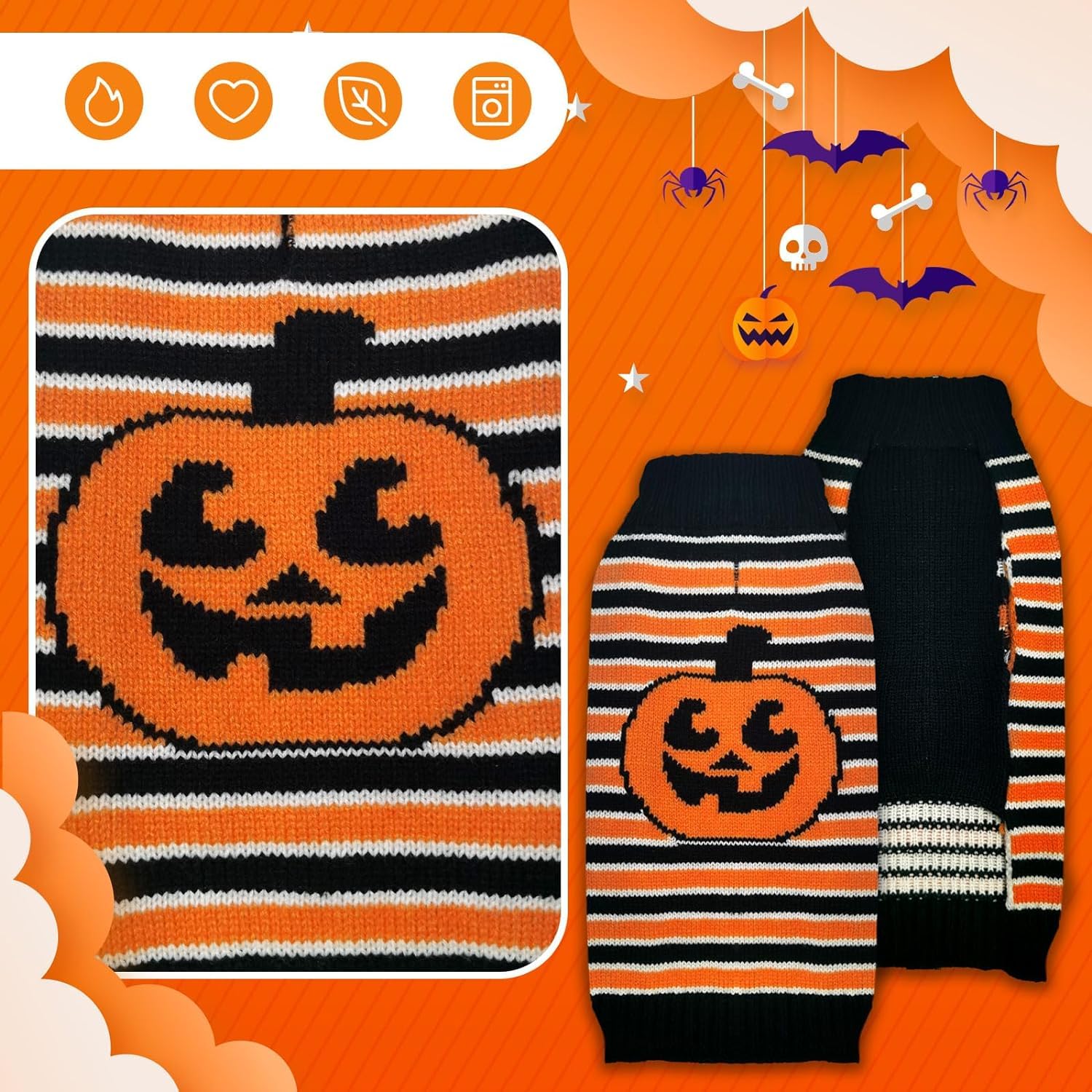 PETCARE Halloween Pet Dog Sweater Pumpkin Striped Knit Jumper Clothes For Dogs Pets Costume Holiday Party for Cat and Puppy(Striped,L) - Image 4