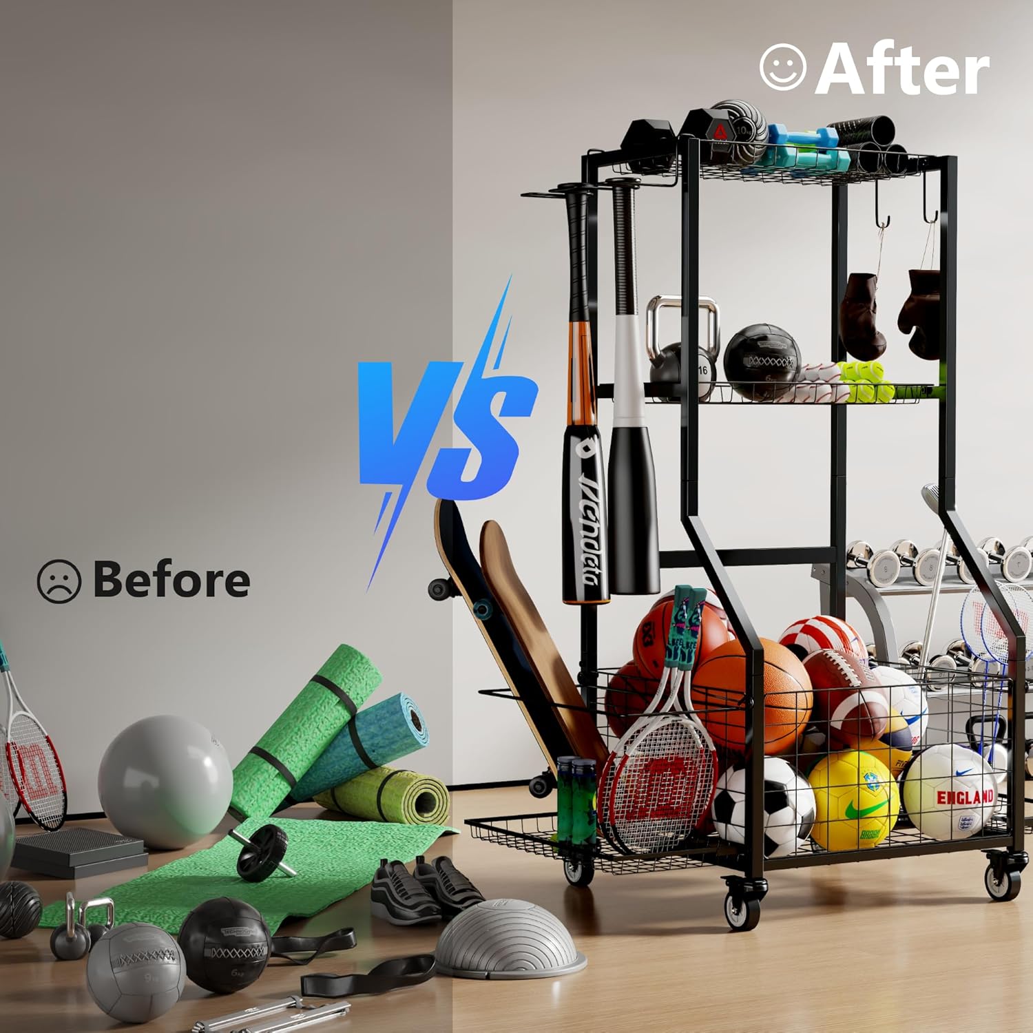 Sports Equipment Organizer, Outdoor Toy Storage Garage Organization - Ball Storage Racks with 2 Side Racks & Durable Baskets, Garage Rolling Ball Cart with Wheels, Hooks for Sports Gear, Bats