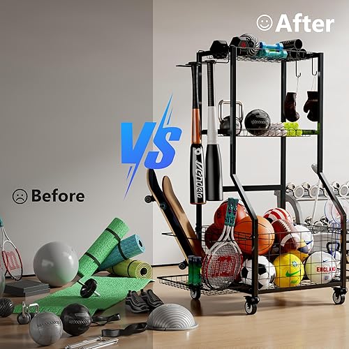 Miniatura 5 de Organizador de equipo deportivo, almacenamiento de juguetes al aire libre, organizador de garaje, estantes de almacenamiento de bolas con 2 estantes
