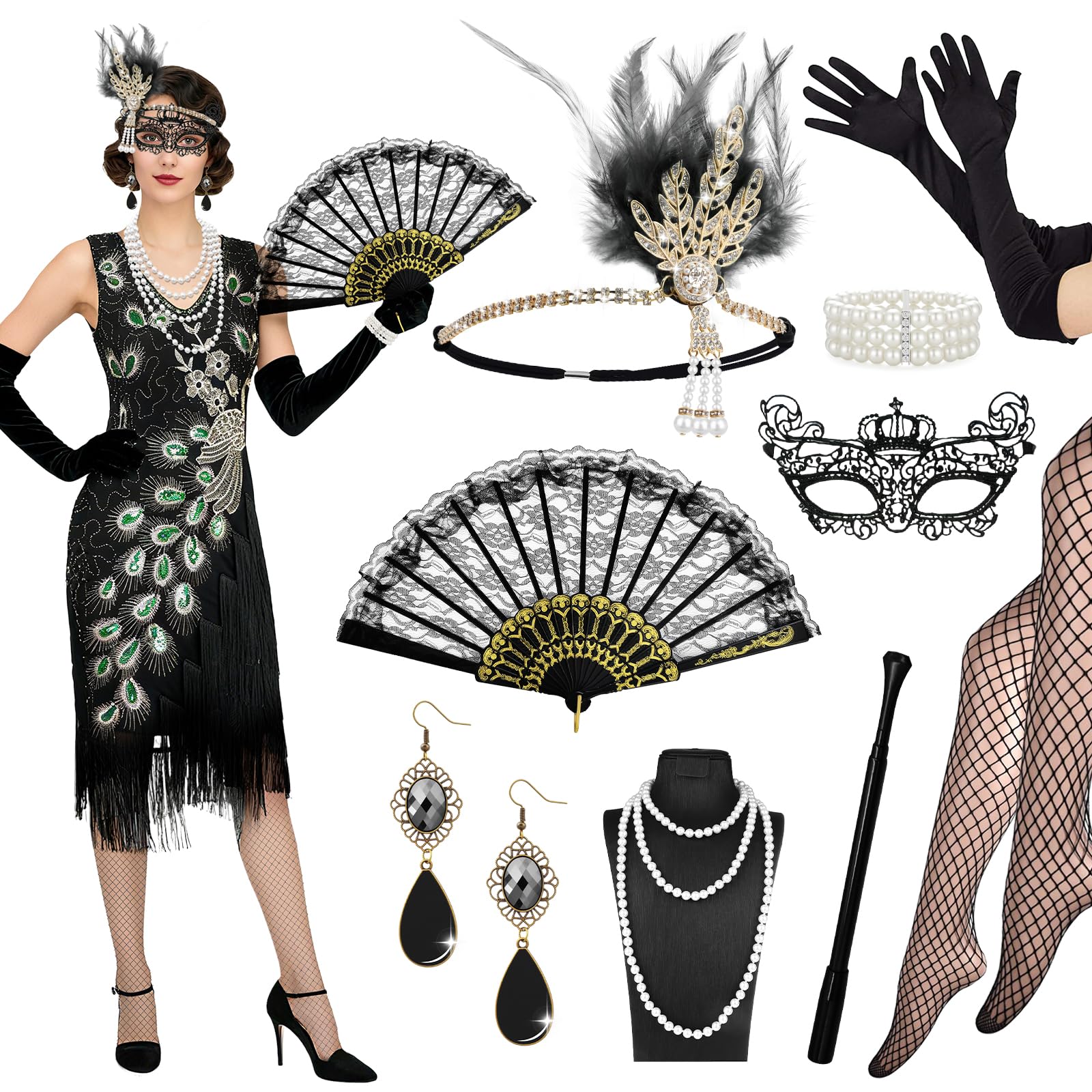 13 PCS 1920s Flapper Costume Set for Women, Roaring 20's Theme Set with Sequin Fringed Peacock Pattern Dress with Accessories,Great Gatsby Outfit for Halloween,Vintage Party Roaring Twenties Theme