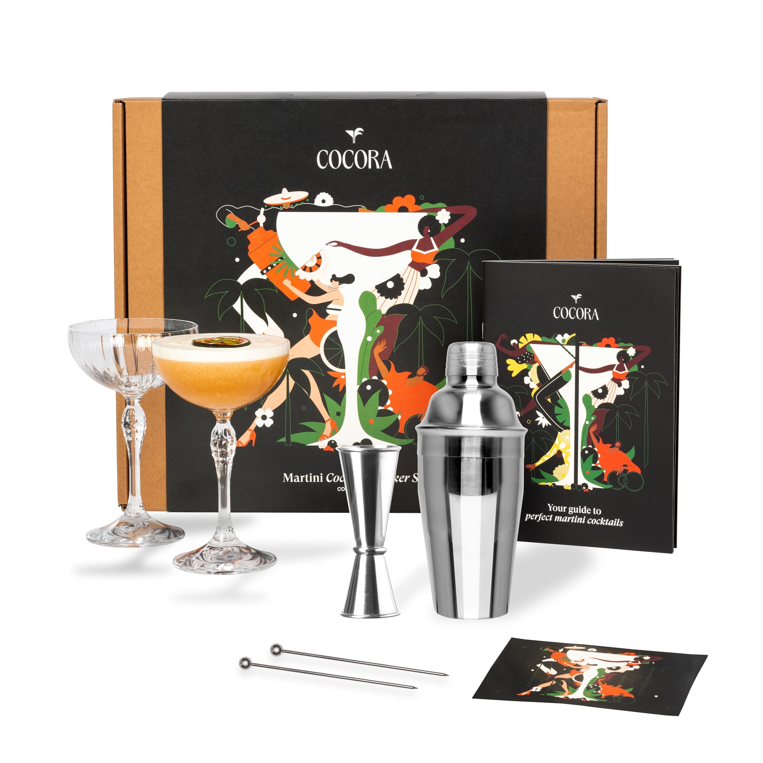 Cocora Set Martini | Set à Cocktail de 8 pièces | Shaker à Cocktail en Acier Inoxydable | Verres à Martini Coupés | Kit Barman | Livre de Cocktails (10+ Recettes) | Emballage Cadeau de Luxe (Argent)