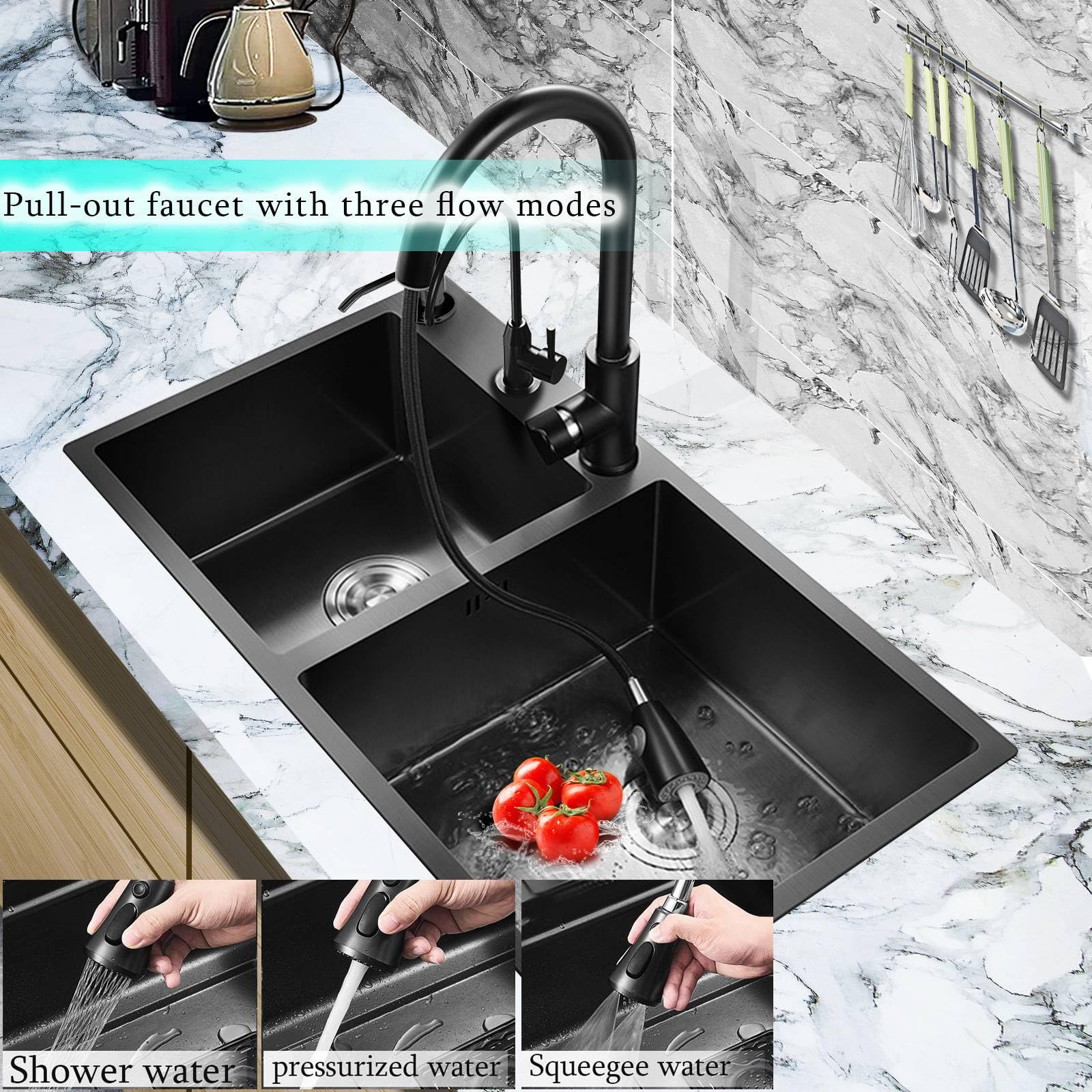 Lavandino cucina Lavello acciaio inox 2 vasche Con rubinetto e dosatore sapone estraibili e accessori per lavello. (78 * 43CM, Nero)