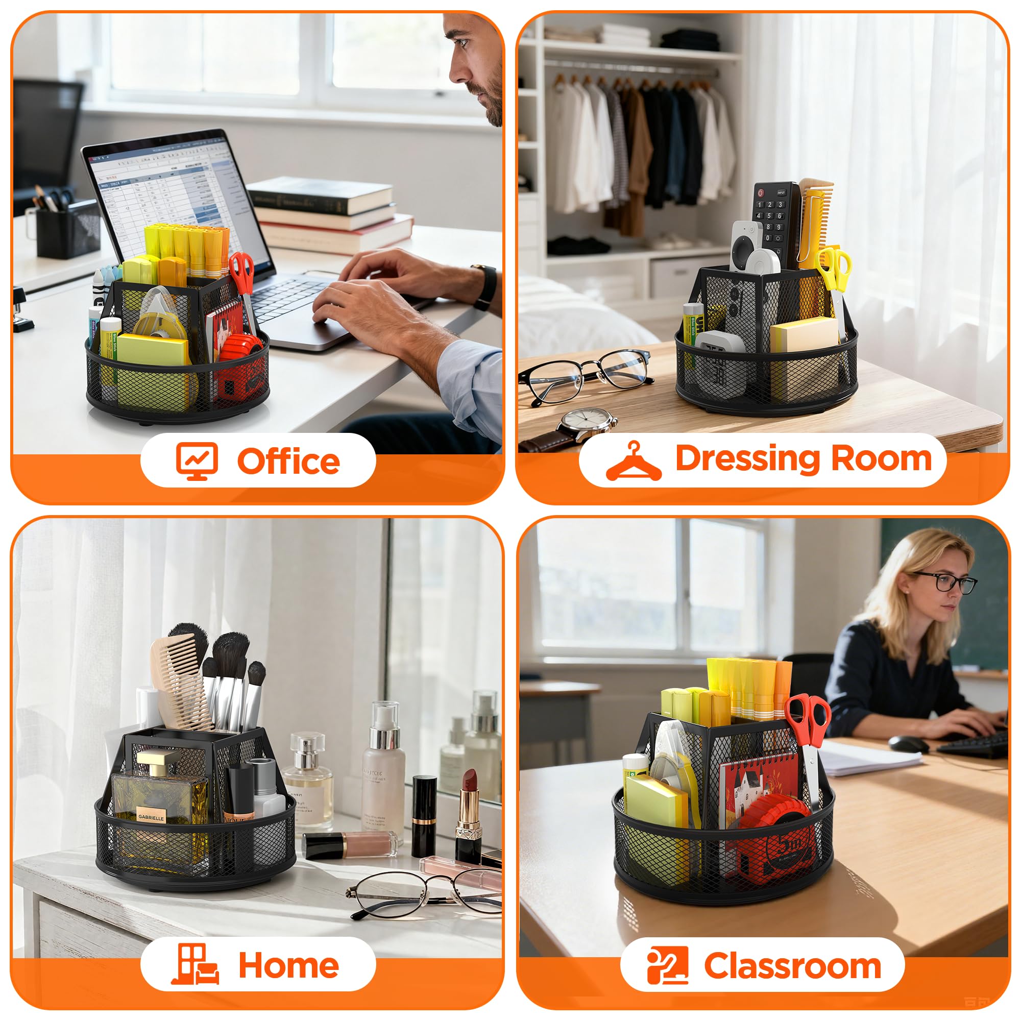 Docnest Organizer da scrivania girevole a 360°, portapenne a 6 scomparti, nero | Supporto in metallo resistente con divisorio rimovibile. Contenitore salvaspazio per matite, forbici e pennarelli