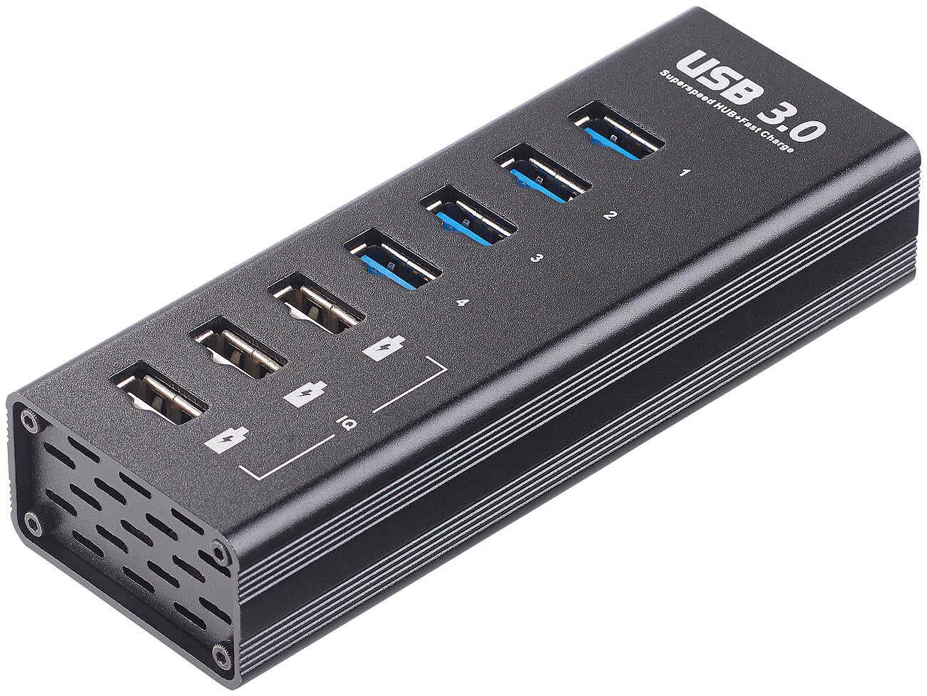 Aktywny hub USB 3.0 Xystec z 4 portami danych i 3 portami szybkiego ładowania BC 1.2, 5 Gbit/s, zasilacz 5 V/4 A