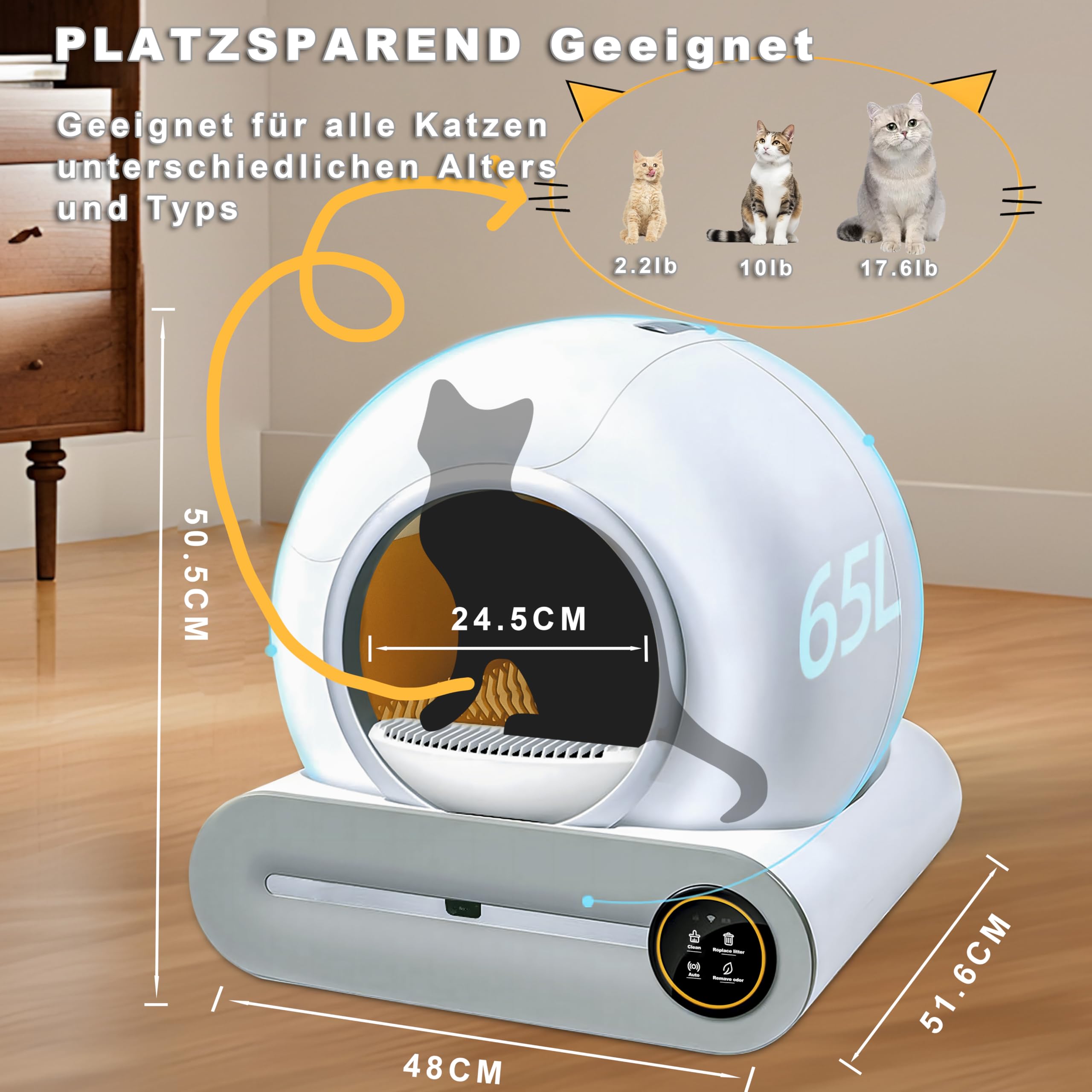 Selbstreinigende Katzentoilette, 65L+9L Selbstreinigende Toilette mit 5 Rollen Müllsäcken und 1 Fußmatten, Automatische Elektrisches Katzenklo, App Steuerung für Mehrere Katzen