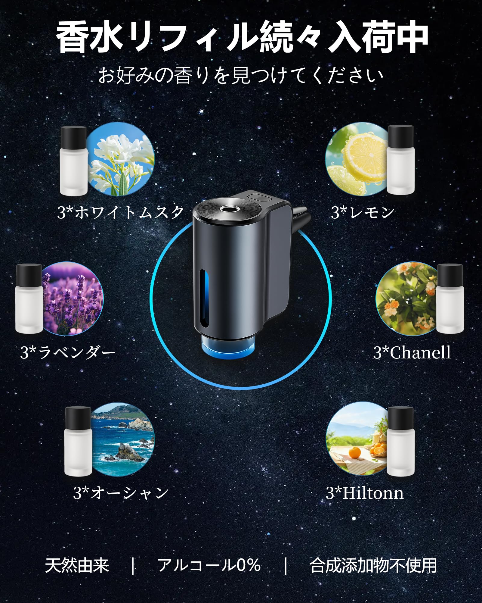 2026年新登場 車 芳香剤 吹き出し口 クリップ式 車 消臭 車載アロマディフューザー 10ml×3本（ ホワイトムスク） 自動ON/OFF Type-C充電式 超音波ミスト 静音設計 3色アンビエントライト アルミ合金ボディ フランス生まれの天然の香り 除臭・リラックス・消臭効果も CFK 3Z - 5