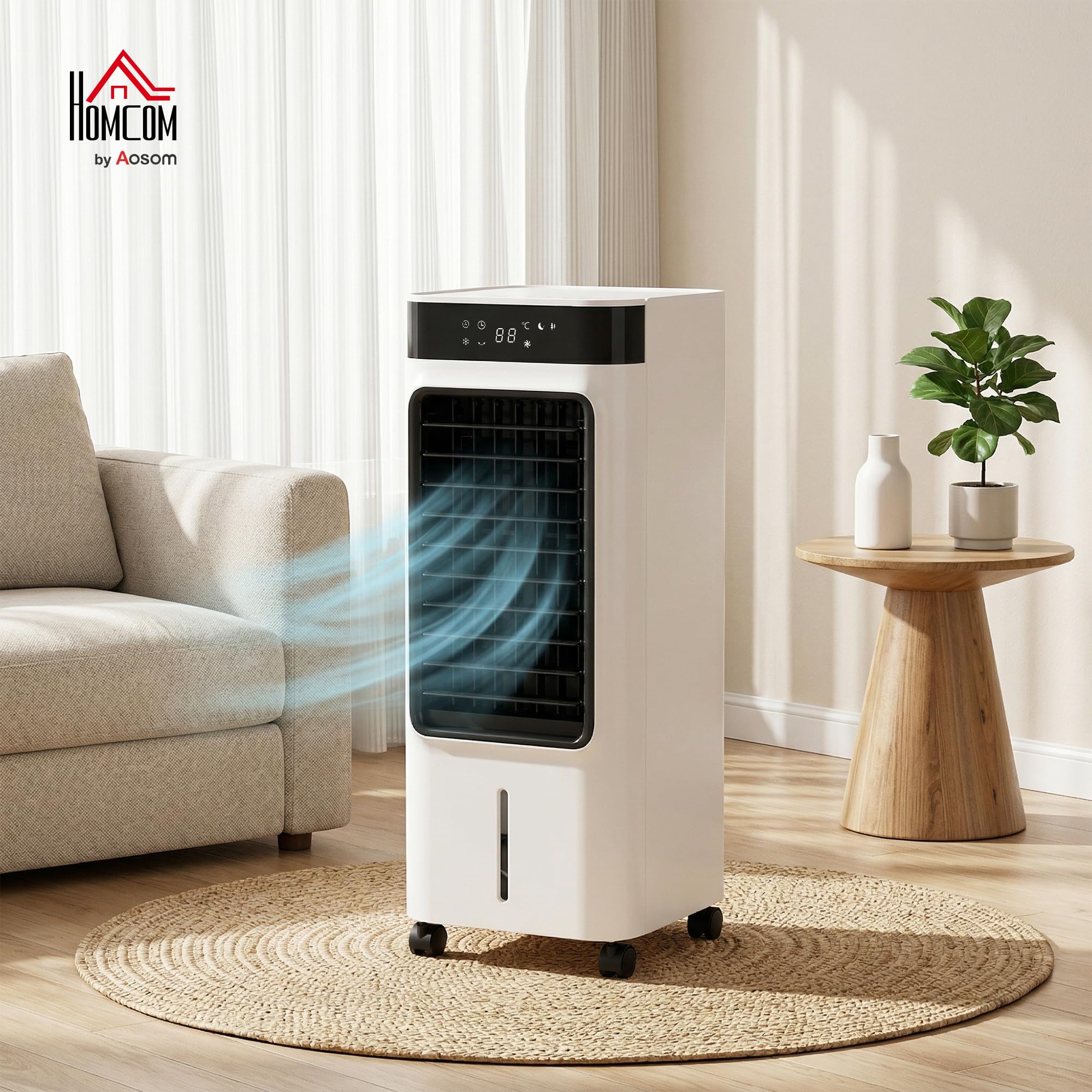 HOMCOM Refroidisseur d'air portable 3 en 1 refroidisseur humidificateur et ventilateur, oscillation 48°, 3 vitesses 3 modes, réservoir d'eau 7L, blocs de glace, télécommande, panneau tactile, blanc