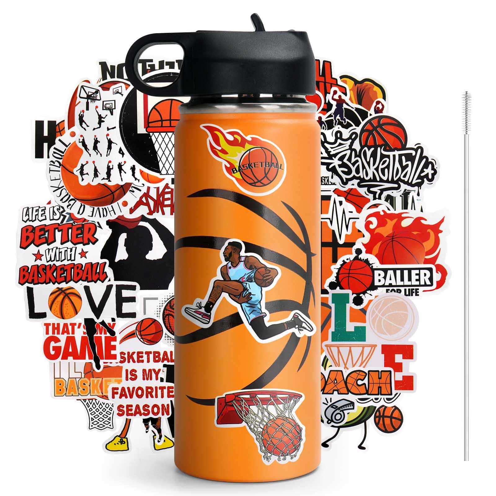 Basketball Water Bottles for Boys Stainless Steel Basketball Water Bottle Gifts for Boys 8-12 Kids with 50Pcs Stickers