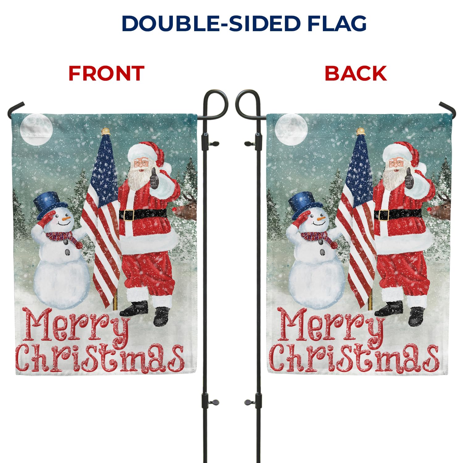 America Forever Flags Dwustronna flaga ogrodowa - Merry Christmas USA - 31,8 cm x 45 cm, patriotyczny bałwan i Święty Mikołaj Boże Narodzenie dekoracja świąteczna, zewnętrzna zimowa dekoracyjna