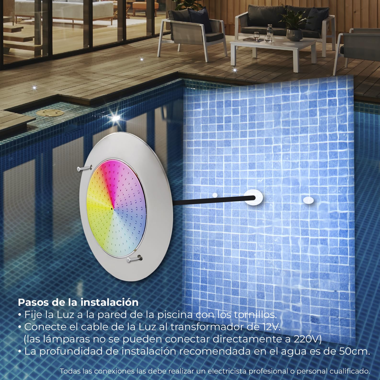 LED ATOMANT Lote de 2 Focos de Piscina LED 12W RGB Impermeable IP68, Ø25cm, Acero Inoxidable, Montaje en Superficie, con Transformador AC 220V/12V DC y Mando a distancia Control Remoto, APP Bluetooth