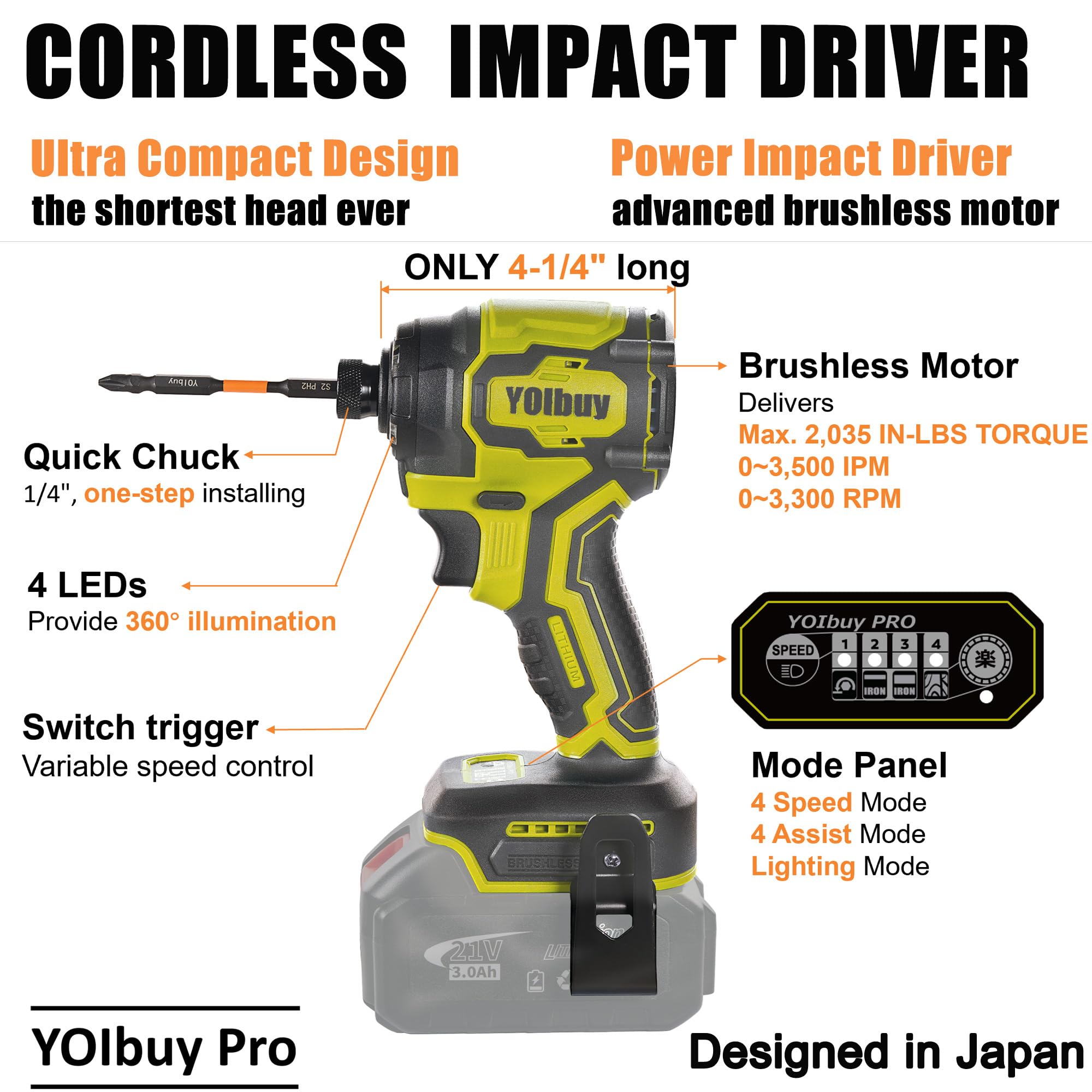 YOIbuy PRO Avvitatore a percussione senza fili, coppia di torsione 230 Nm, adatto per batterie principali da 20 V, impostazioni a 4 velocità, solo strumento di illuminazione a 4 LED in modalità