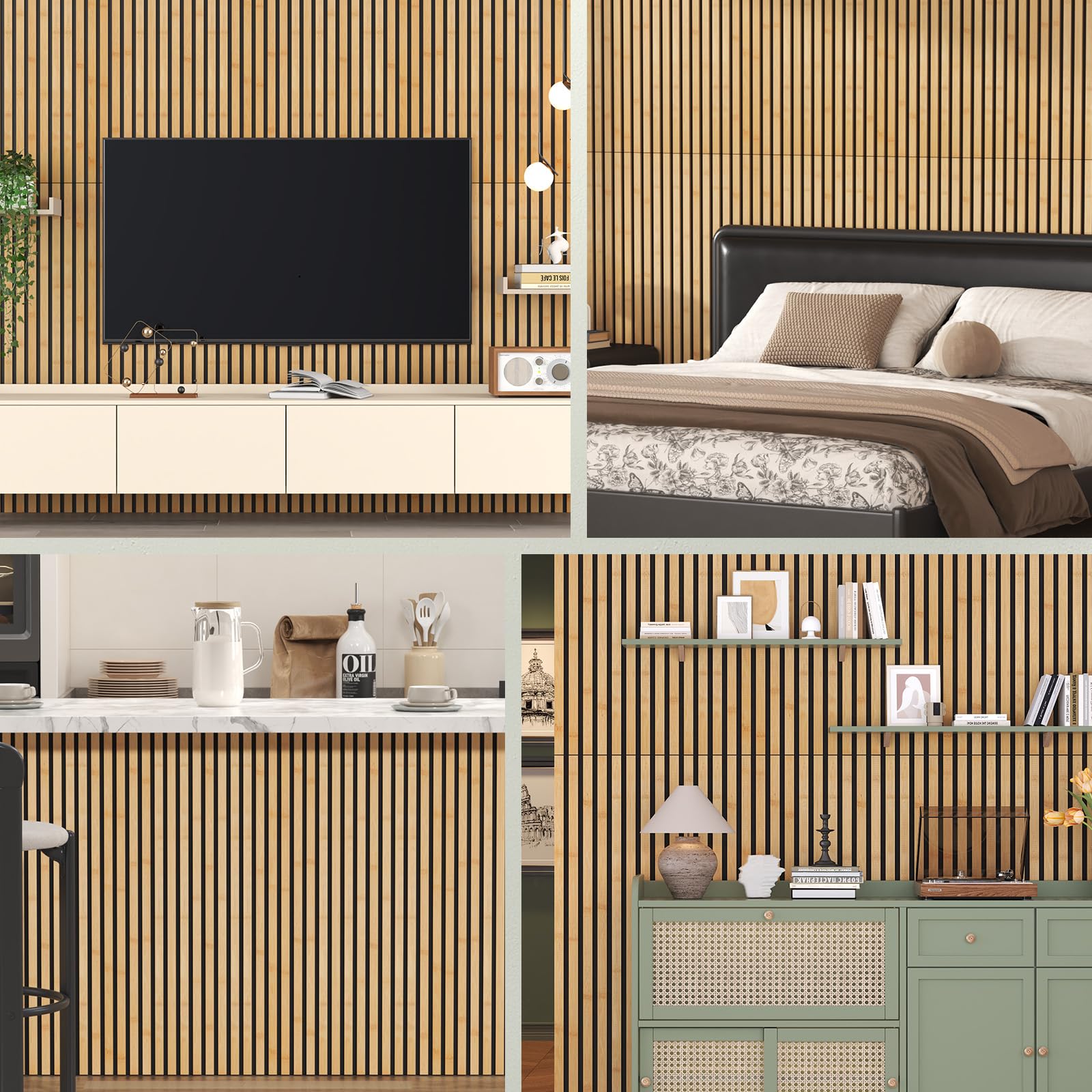 TONOR Set di 4 Pannelli Fonoassorbenti in Bambù Per Pareti, 110 x 52 x 1,7 cm Pannelli Acustici a Doghe Con Adesivo Completo, Pannello Insonorizzante per Parete Tv, Arredamento D'Interni, Casa, Porte