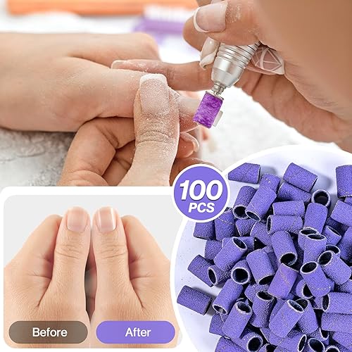 Miniatura 40 de MelodySusie 100 unidades de brocas de uñas, bandas de lijado para taladro de uñas, 120 bandas de lijado de lima de uñas de grano medio para uñas