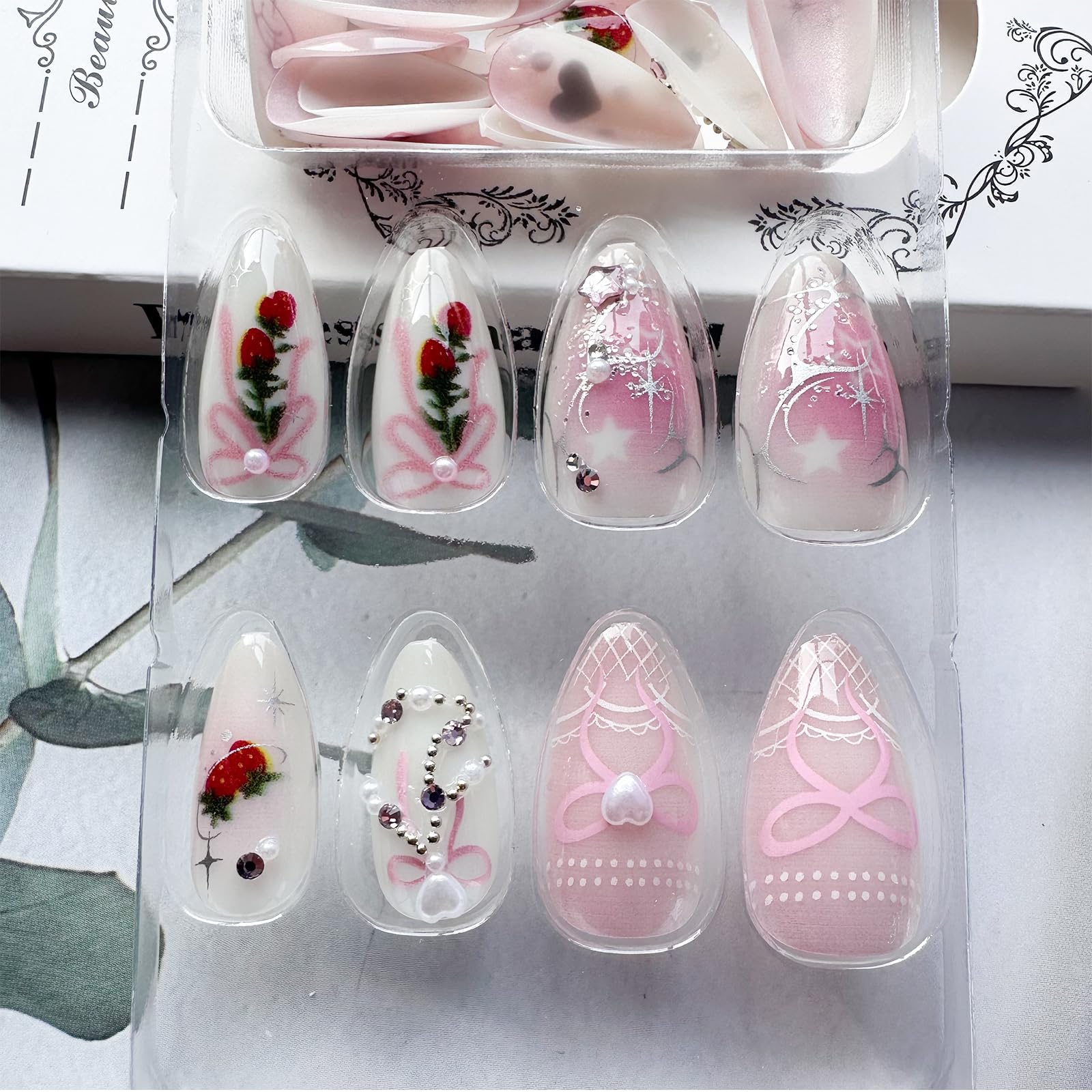 GlamRays 24 Pcs Pink Press on Nails Medium Almond Fake Nails with 3D Heart Pearl Design, Steel Ball, Bow, Star, Rhinestone, False Nails, White Ombre Strawberry, Sticker Nails - Image 4