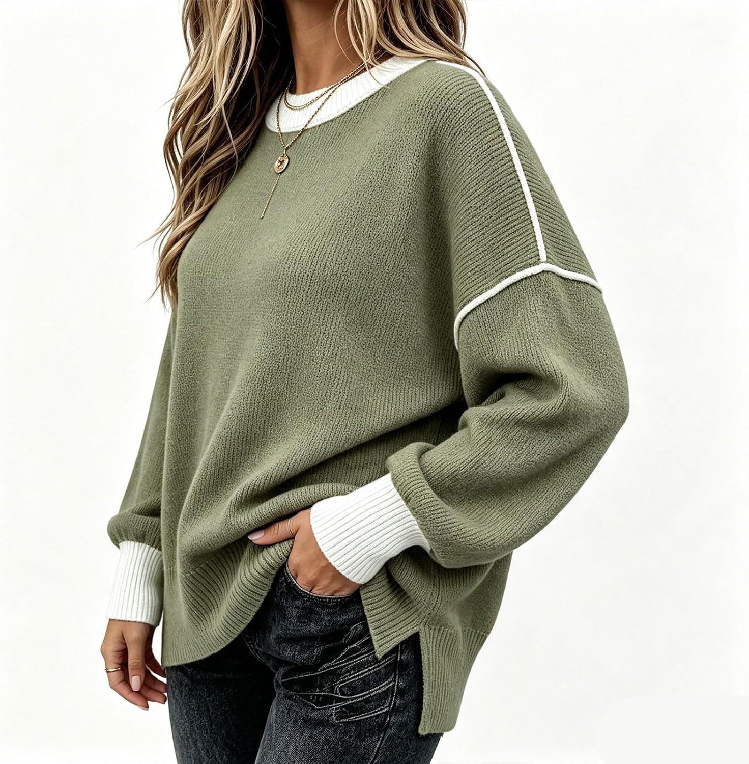 Women Batwing Knit Sweater,Crewneck,Side Slit,Oversized Fall Pullover | Unique side slit design, loose batwing cut for easy layering and street fashion looks