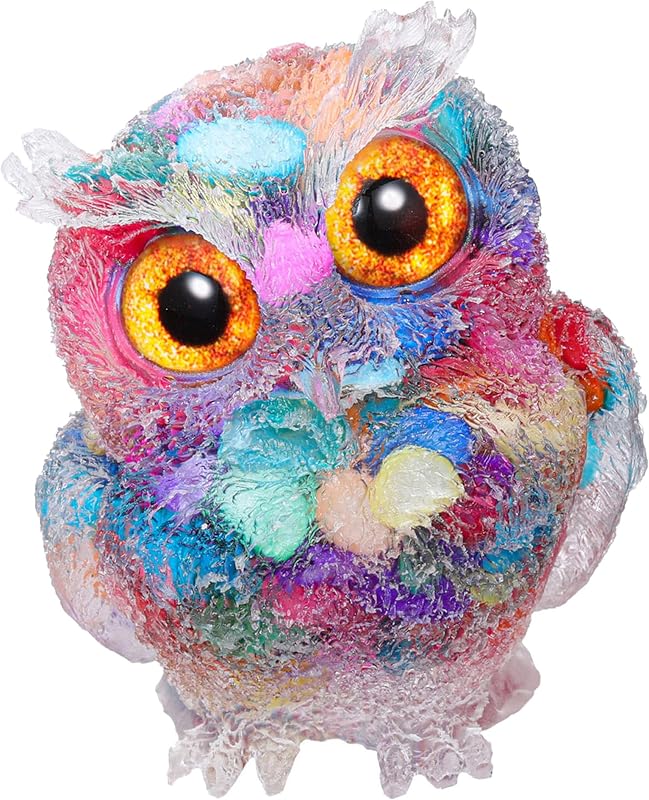 Jovivi 2.5" Rainbow Shell Crystal Owl Statue Carved Resin Reiki Healing Crystal Pocket Stone Sculpture Gemstone Animal Owl Figurines Ornament Cute Room Office Decor Gifts