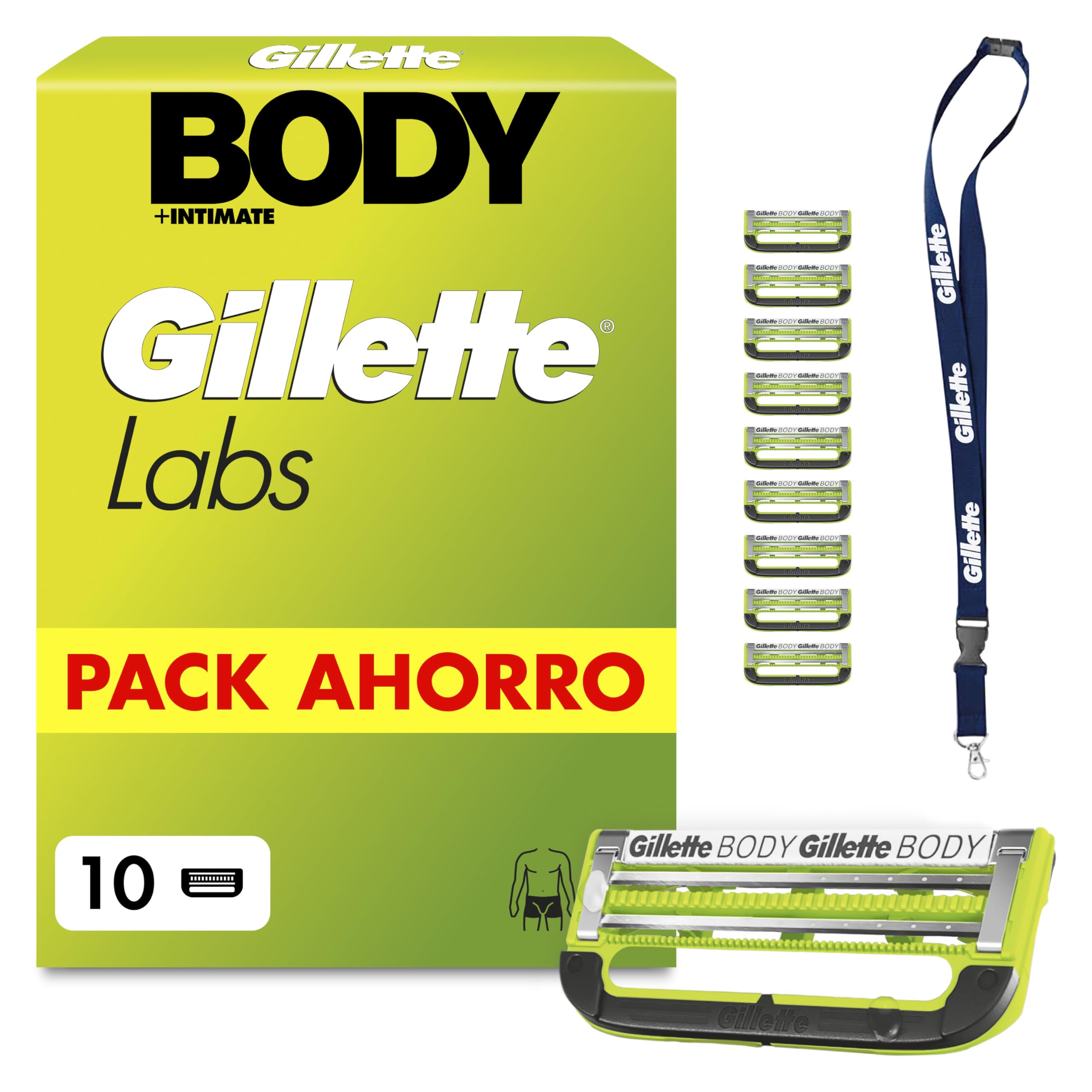 GilletteLabs Body + Intimate Cuchillas de Afeitar Cuerpo Hombre, Pack de 10 | Recambios de 2 Hojas, Banda Lubricante, Barra Anti-Vellos Enquistados Y Anti-Irritación, Depilación de La Zona Íntima Hombre