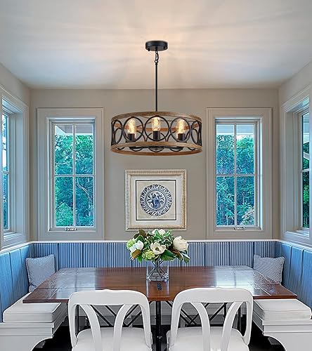 Miniatura 9 de Candelabro moderno de tambor de granja, acabado de madera negro y retro, 6 luces redondas de metal antiguo vintage para cocina, comedor, sala de