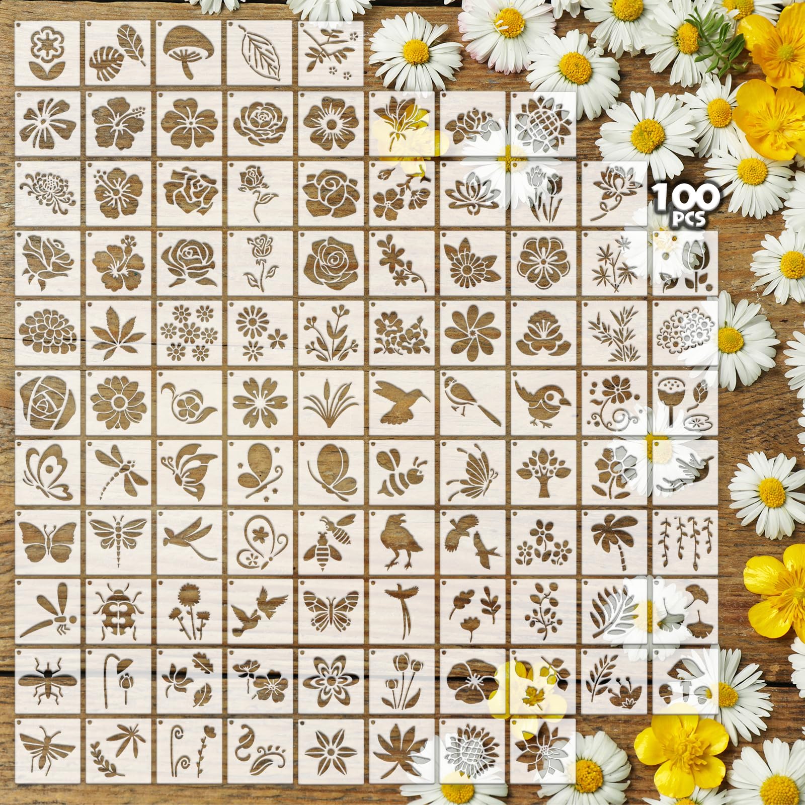 100 Pcs 2 Inch Stencils for Painting Crafts Reusable Stencil Flower Animal Holiday Small Stencils on Wood Fabric Wall Paper for DIY Art Home Decor (Flower)